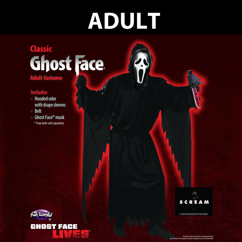 Scream Ghostface 3pc Halloween Costume for Adults, Men's Size M-XL (32-42), by Fun World