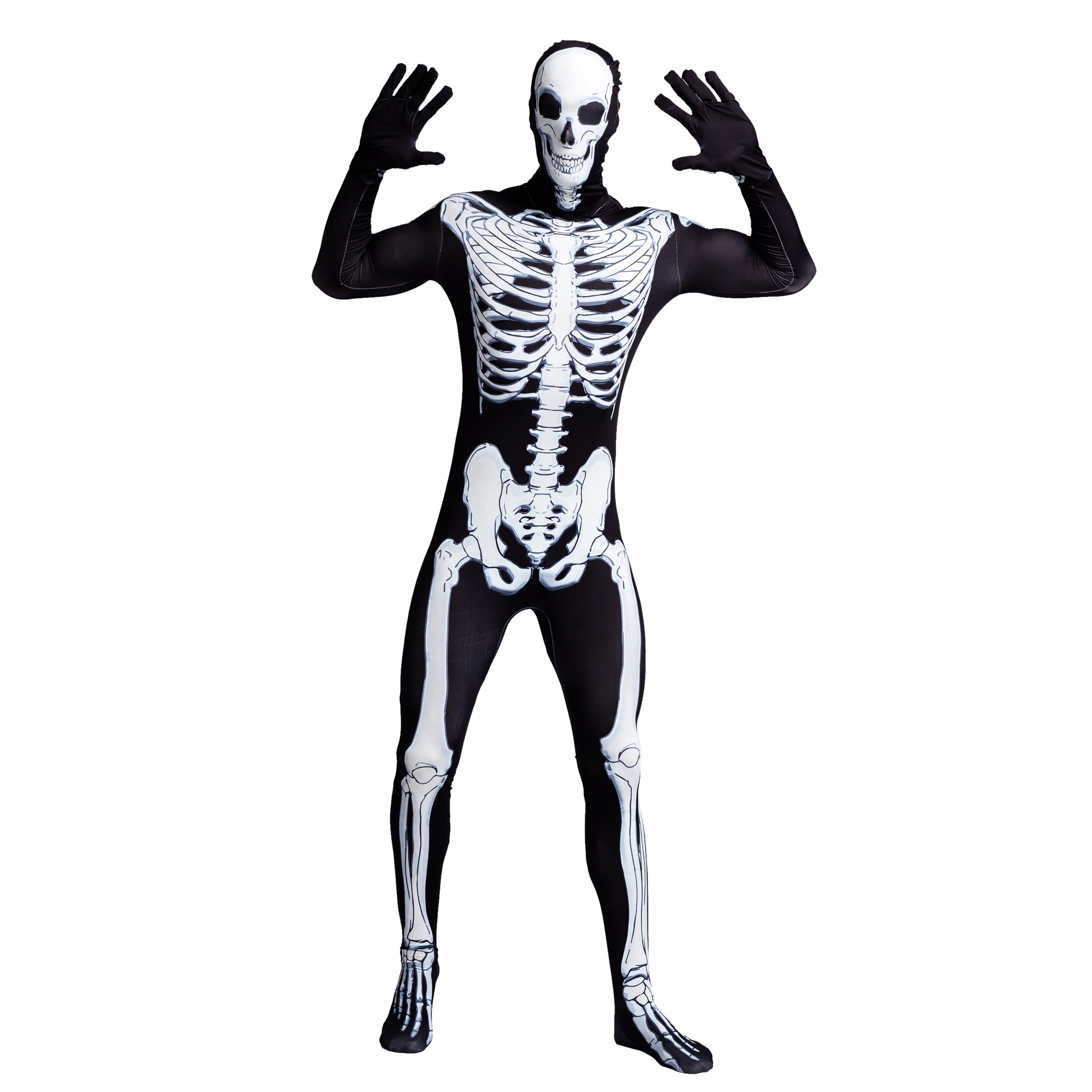 Joyfy Skeleton Costume for Adults, Skeleton Bone Bodysuit Halloween Costumes for Men with Skeleton Hood Mask, Halloween Party Fancy Dress-up