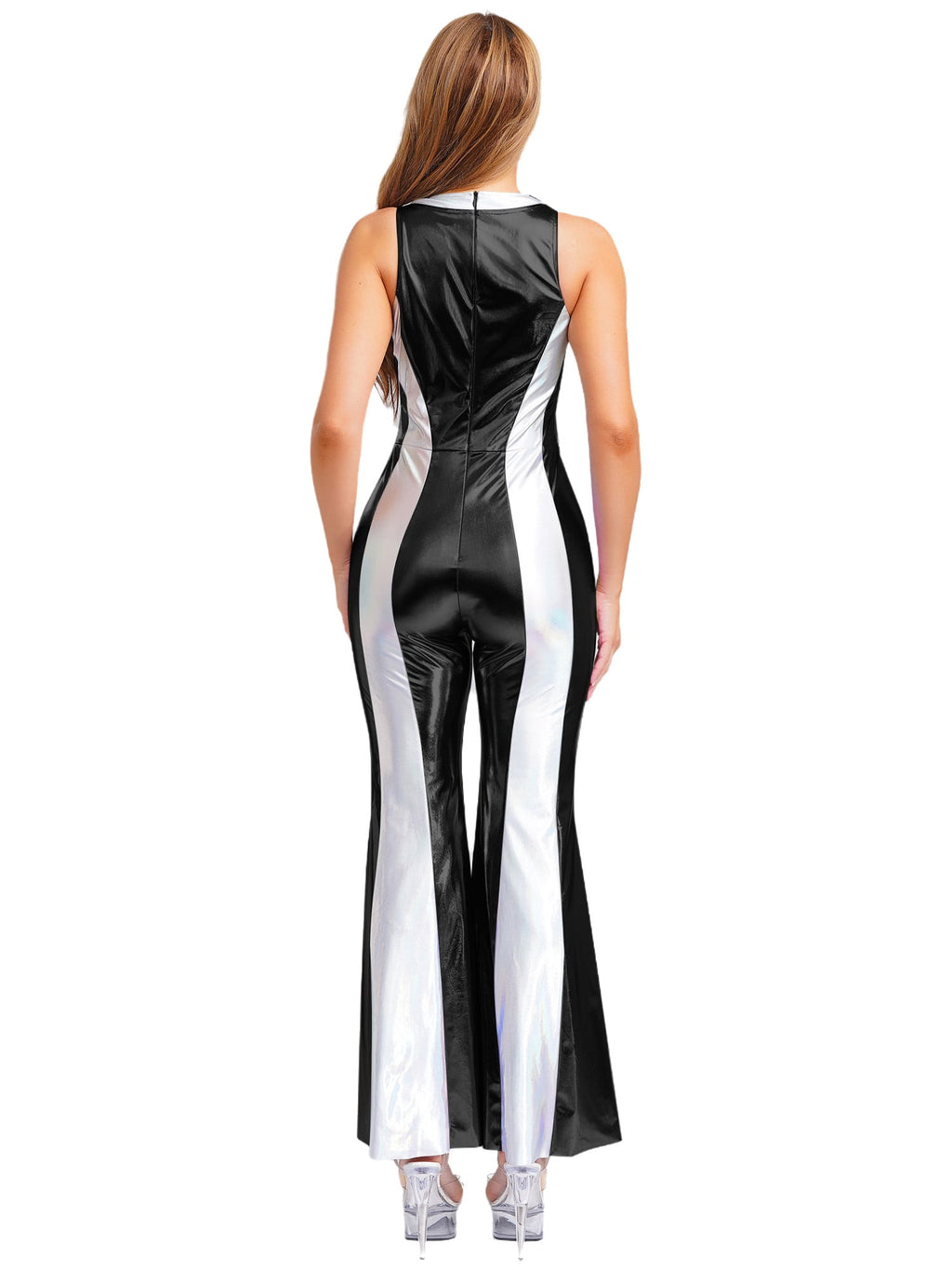 YiZYiF Womens 70s 80s Disco Costume Shiny Metallic Flared Pants Jumpsuit for Dance Party Halloween Gold S