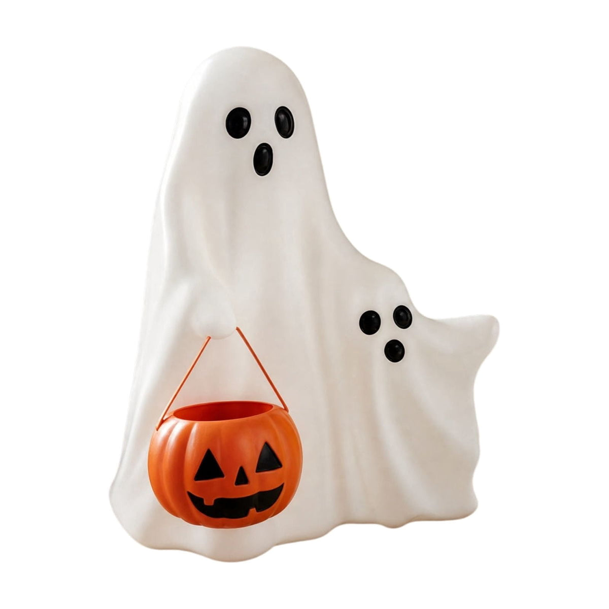 Trick or Treat Ghost Statue, Lighted Halloween Ghost Figurine with Pumpkin Candy Bucket, Blow Mold LED Decoration for Fall Porch Tabletop Home Decor
