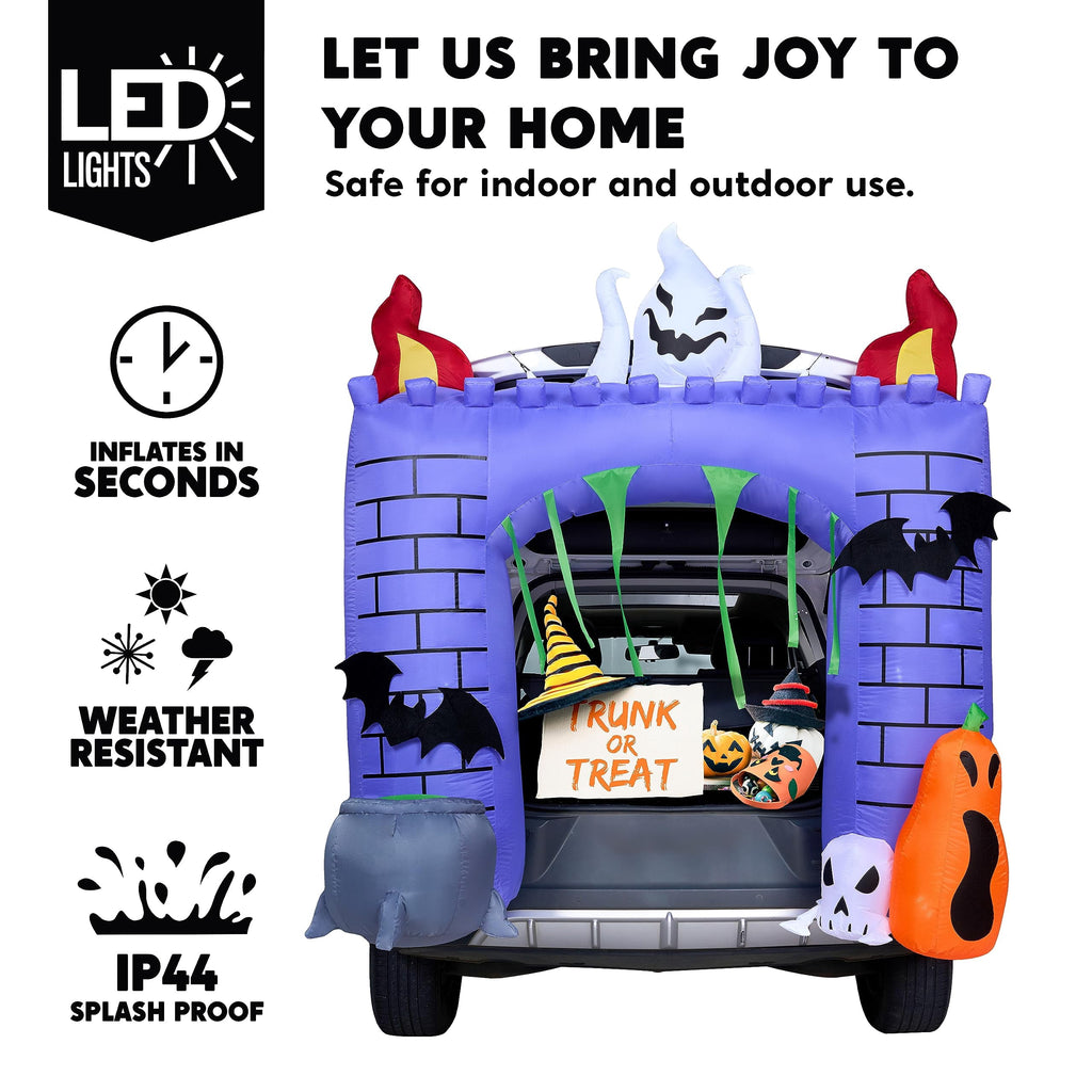 Joyfy 6 FT Halloween Inflatable Haunted Castle Decoration,Trunk or Treat Car Decorations Kit Ghost and Pumpkin with Built-in LED Light for Halloween Party Indoor,Outdoor,Yard,Garden Decor