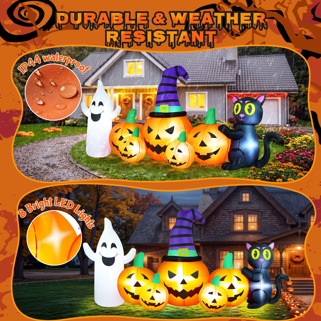 Yexmas 8 FT Long Halloween Inflatable Ghost with Witch Hat, 6 Pumpkins Halloween Blow Ups with Black Cat for Halloween Party Outdoor Yard Garden Lawn Decor