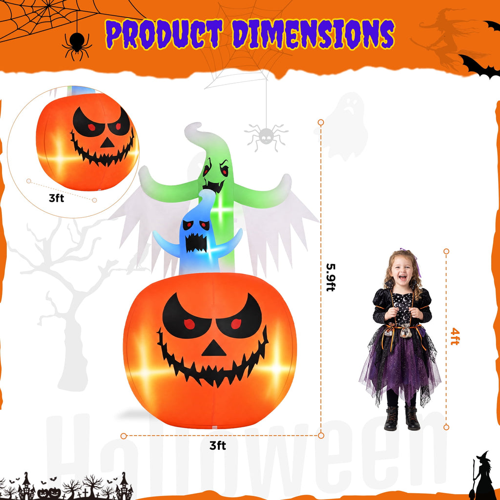 Firstness 6ft Tall Halloween Inflatable,Ghosts Pumpkin with Colorful Flashing Lights,Blow ups Halloween Outdoor Decorations