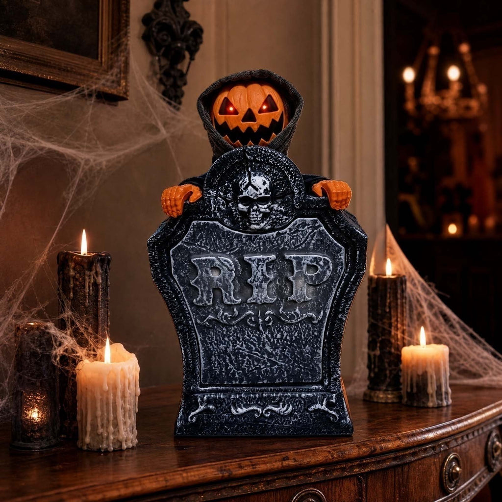 EWASWON Halloween Animated Tombstone, Motion Activated Gravestone with Rising Skeleton, Glowing LED Eyes & Scary Sounds, Outdoor Yard Decoration