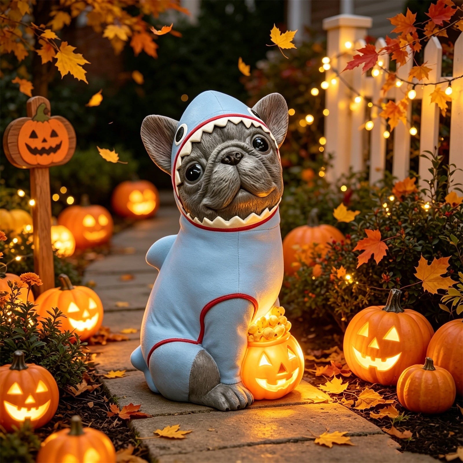 Lighted Scarecrow Bull Terrier Halloween Blow Mold, Cute Puppy Pumpkin Hat Halloween Decor, Resin Ornament for Patio Yard Tabletop Home Decoration, 8"
