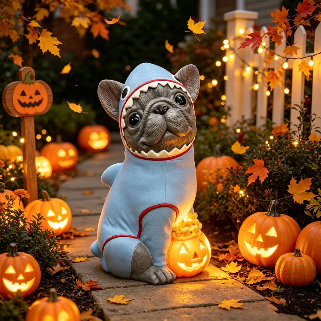 Gray Frenchie in Shark Costume Blow Mold, Halloween French Bulldog Statue with Light Up Pumpkin Decor, Cute Resin Outdoor Indoor Tabletop Dog Ornament, Entryway Patio Yard Decoration, 7.87"