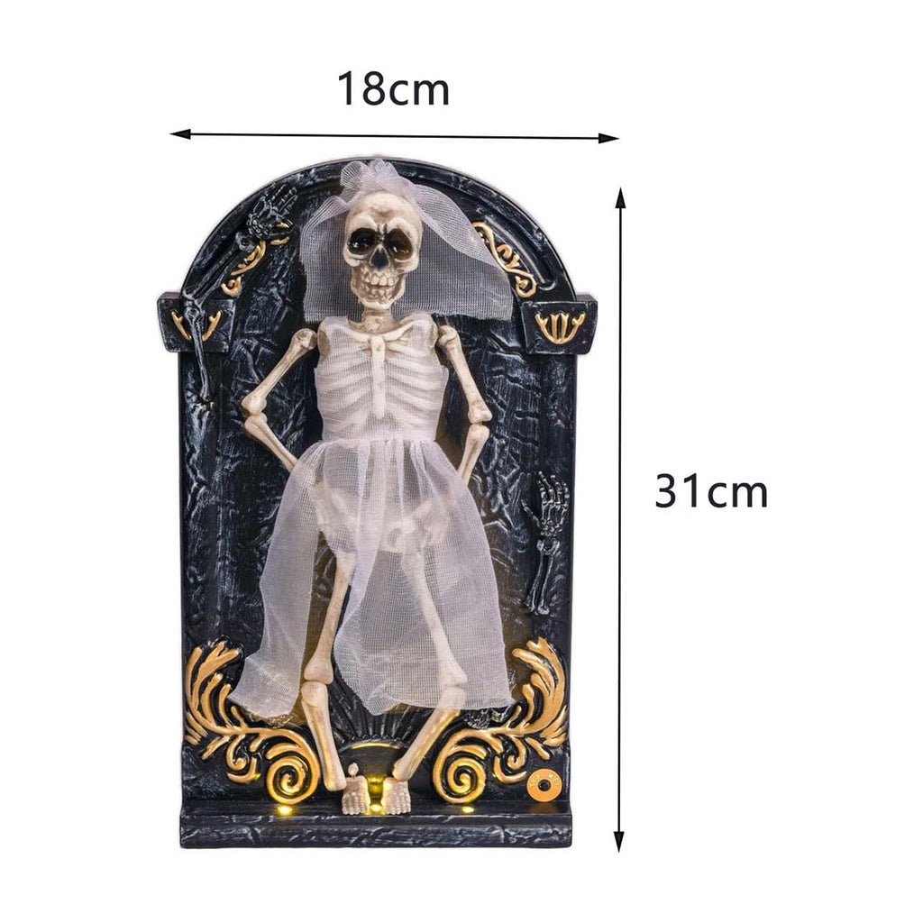 Halloween Animated Skeleton Tombstone Door Hanging Decor, Light Up Moving Skull Ornament with Warm LED, Gothic Front Door Wall Prop for Party Home