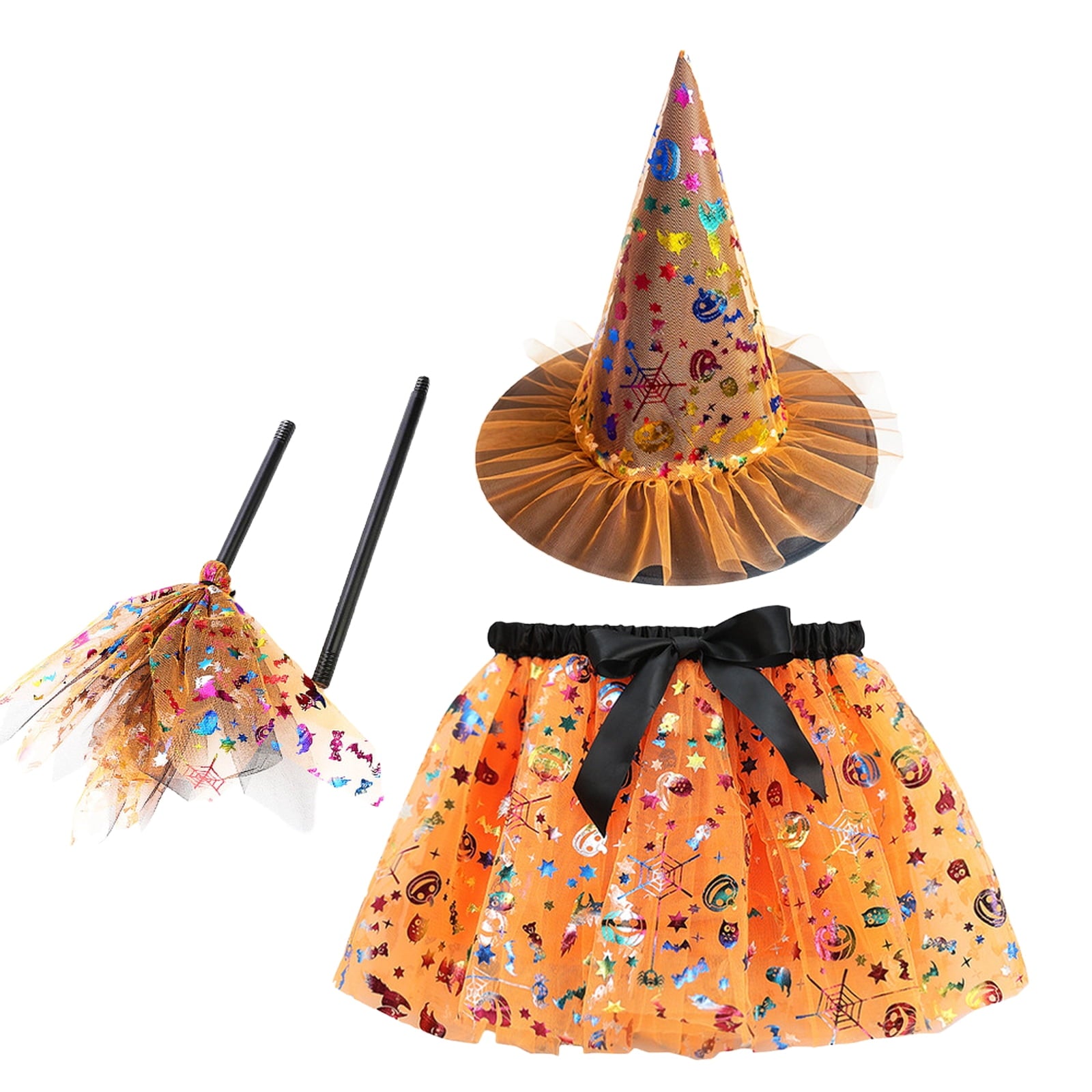 choiix Witch Tutu Skirt and Hat Set with Broomstick Halloween Costume Outfit with Printed Tulle Skirt and Witch Hat Cosplay Outfit for Party 100