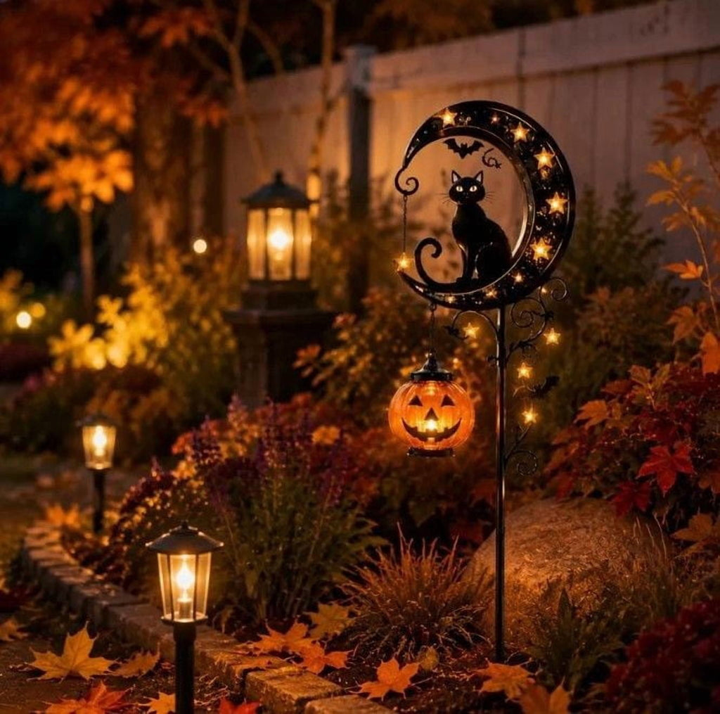 Halloween Crescent Moon Pumpkin Solar Stake Light, Star Hollow Cutout Ground Lamp, Anti Rust Halloween Decorations Party for Yard Walkway black