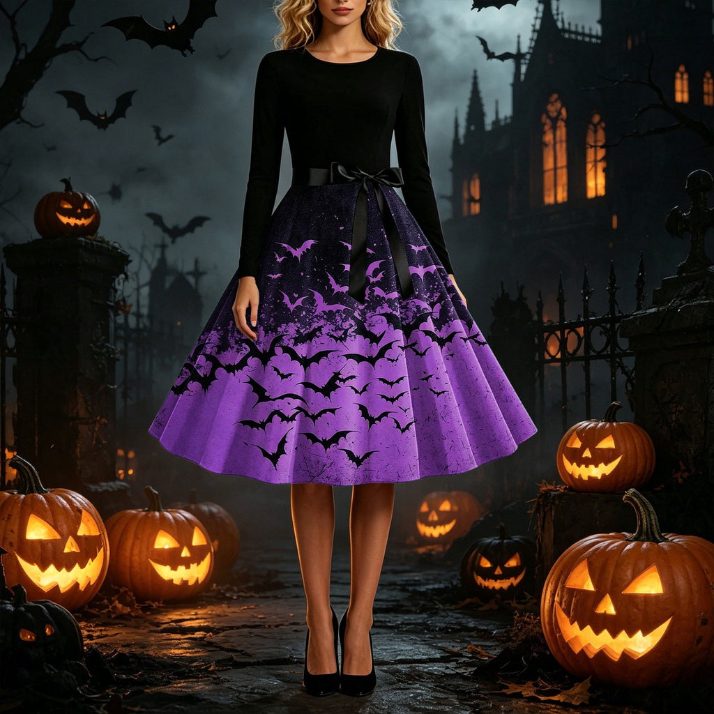 Women's Vintage Halloween Bat Print Swing Dress Long Sleeve 1950s Retro A-Line Midi Dresses with Satin Sash Belt for Gothic Cosplay Evening Prom Party
