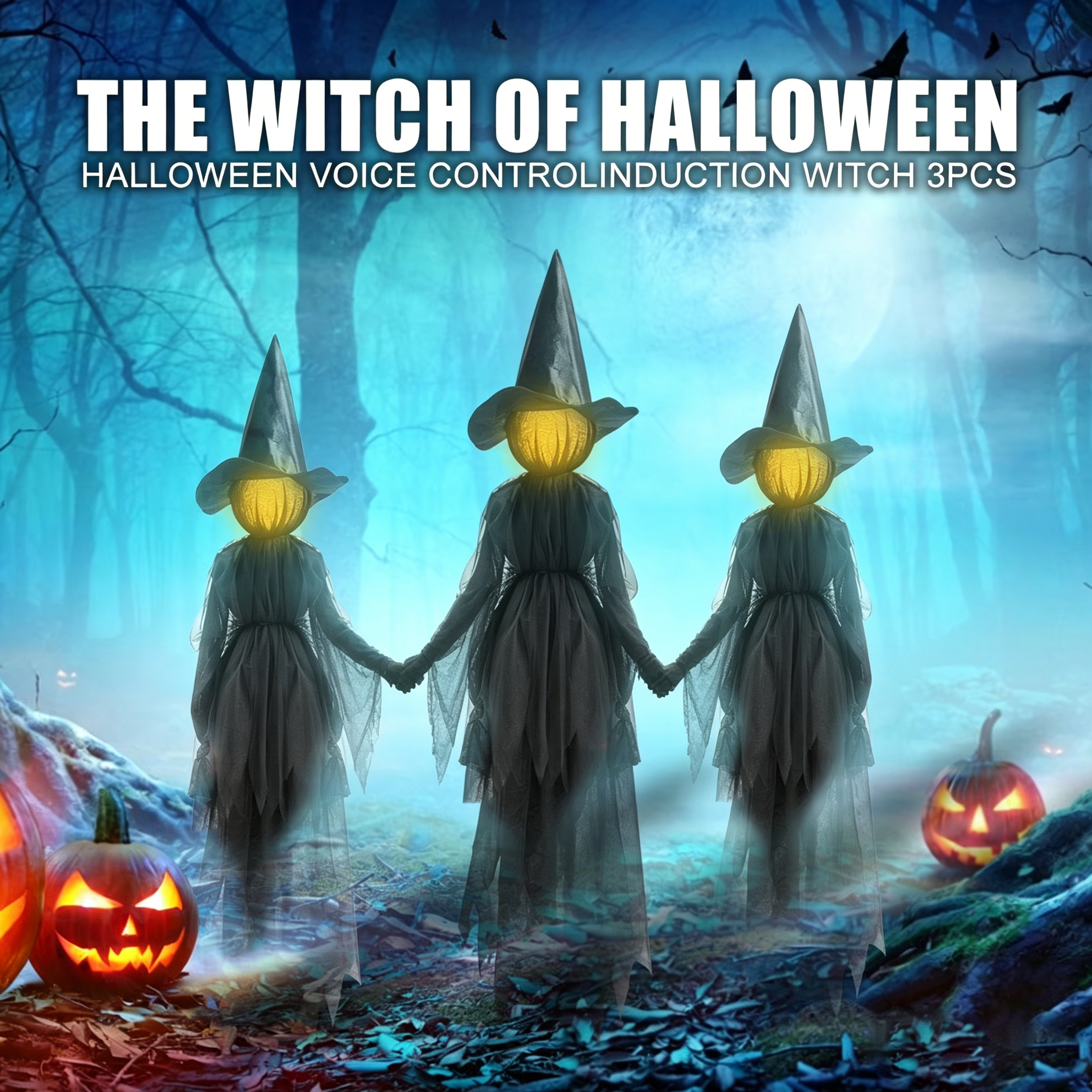3PCS Halloween Holding Hands Screaming Witches Sound Decorations,Large Light Up Holding Hands Screaming Witches Decor for Home Outside Yard Lawn Garden Party Decoraciones