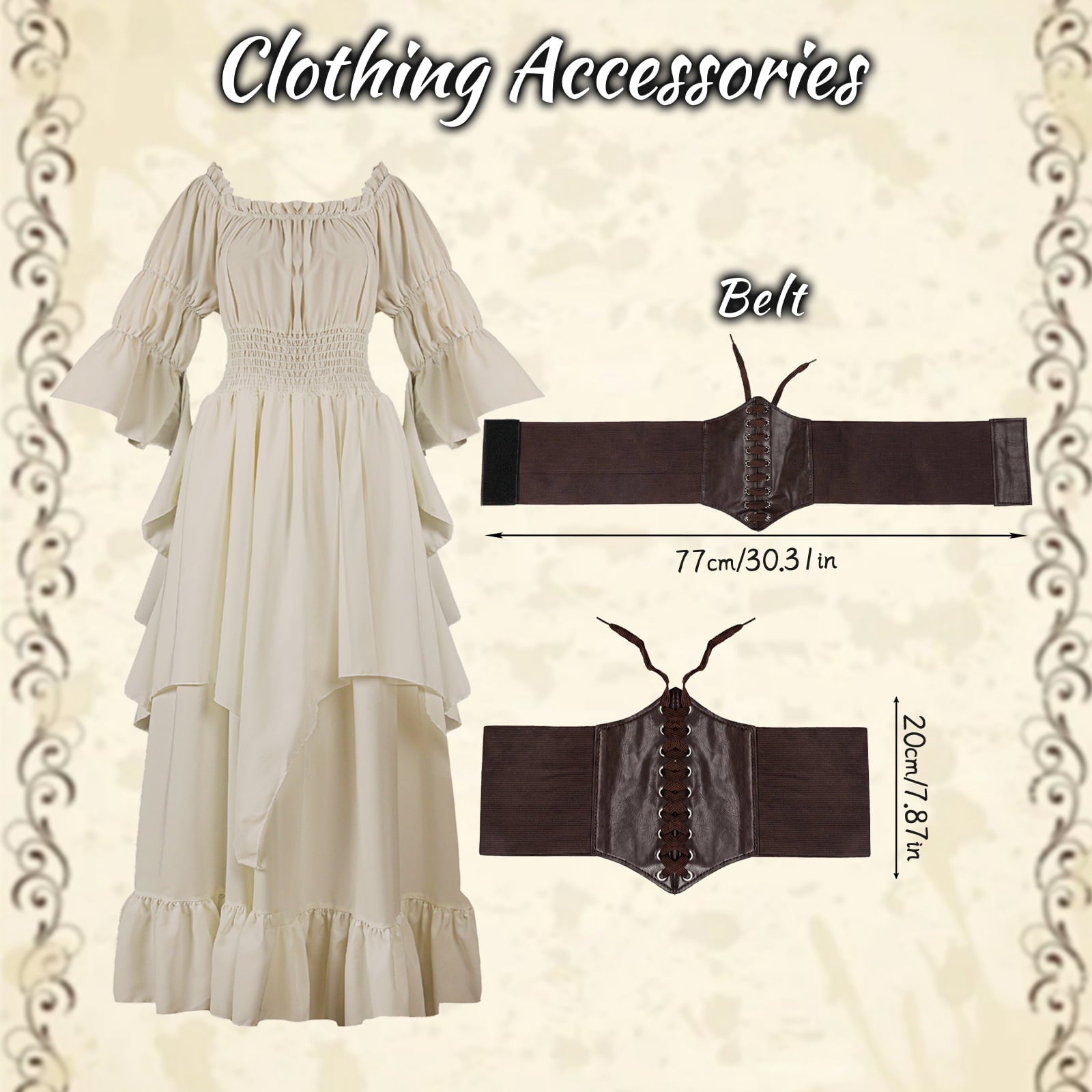 IROOZIGOTO Womens White Medieval Renaissance Maxi Dress Off Shoulder Long Flare Sleeve with Brown Lace Up Corset Belt Halloween Cosplay Costume