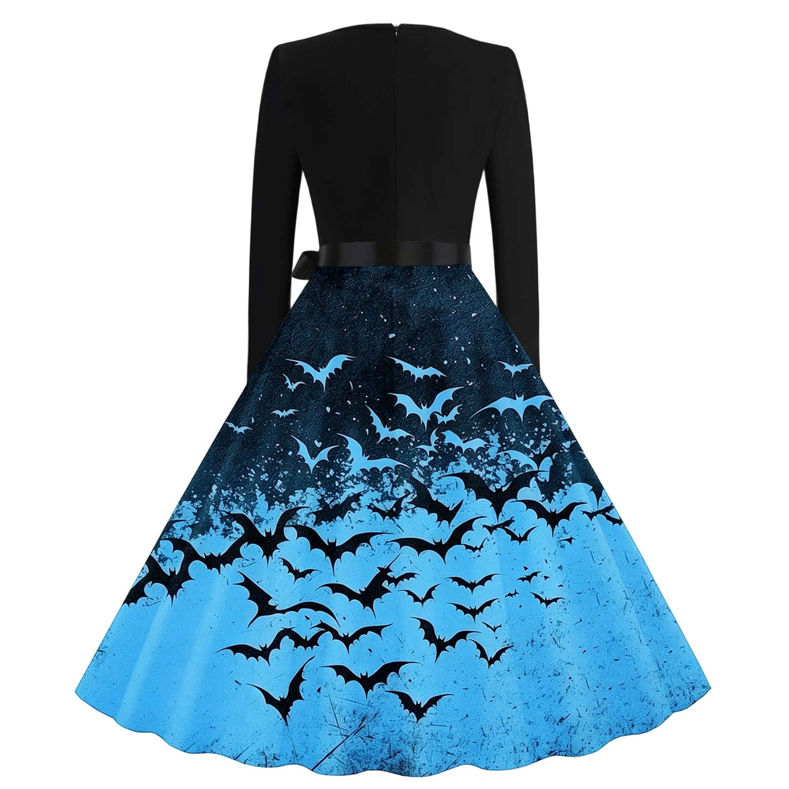 Women's Vintage Halloween Bat Print Swing Dress Long Sleeve 1950s Retro A-Line Midi Dresses with Satin Sash Belt for Gothic Cosplay Evening Prom Party