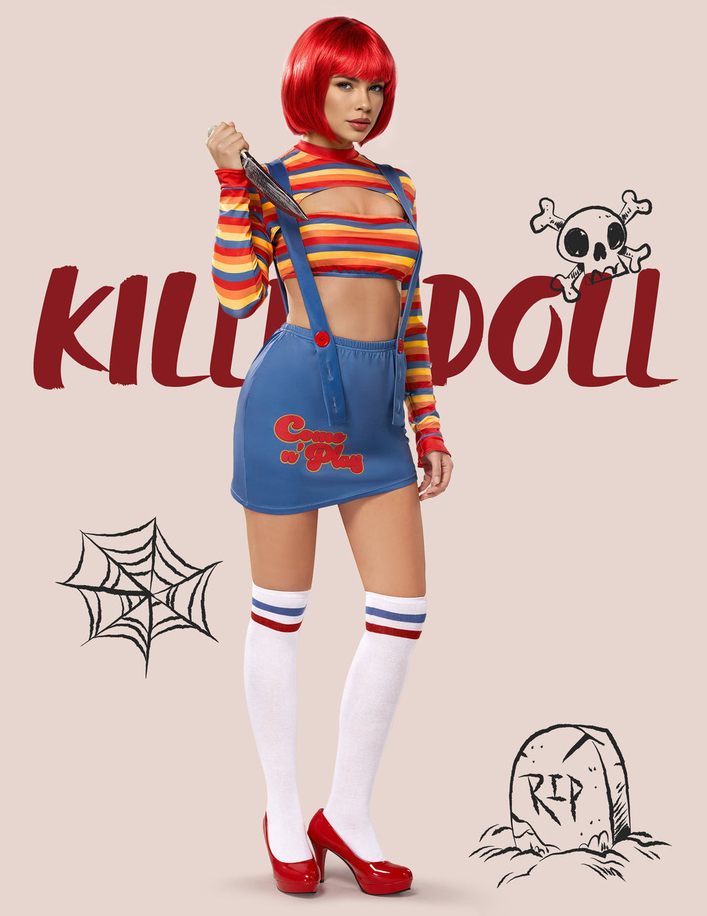 Joyfy Women Killer Doll Costume, Adult Creepy Doll Costume Scary Nightmare Killer Doll Dress for Halloween Costume Party Cosplay