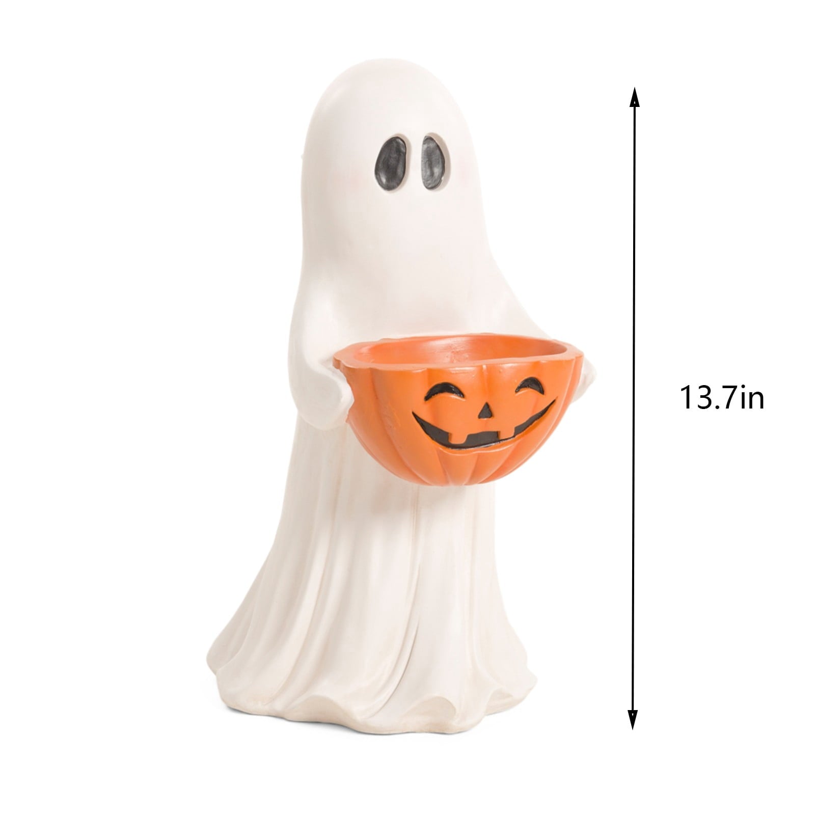 13.7" Halloween Ghost Figurine with Pumpkin Candy Bowl, Indoor Outdoor Safe Ghost Statue for Porch Yard Garden Decoration, Freestanding Halloween Porch Decor