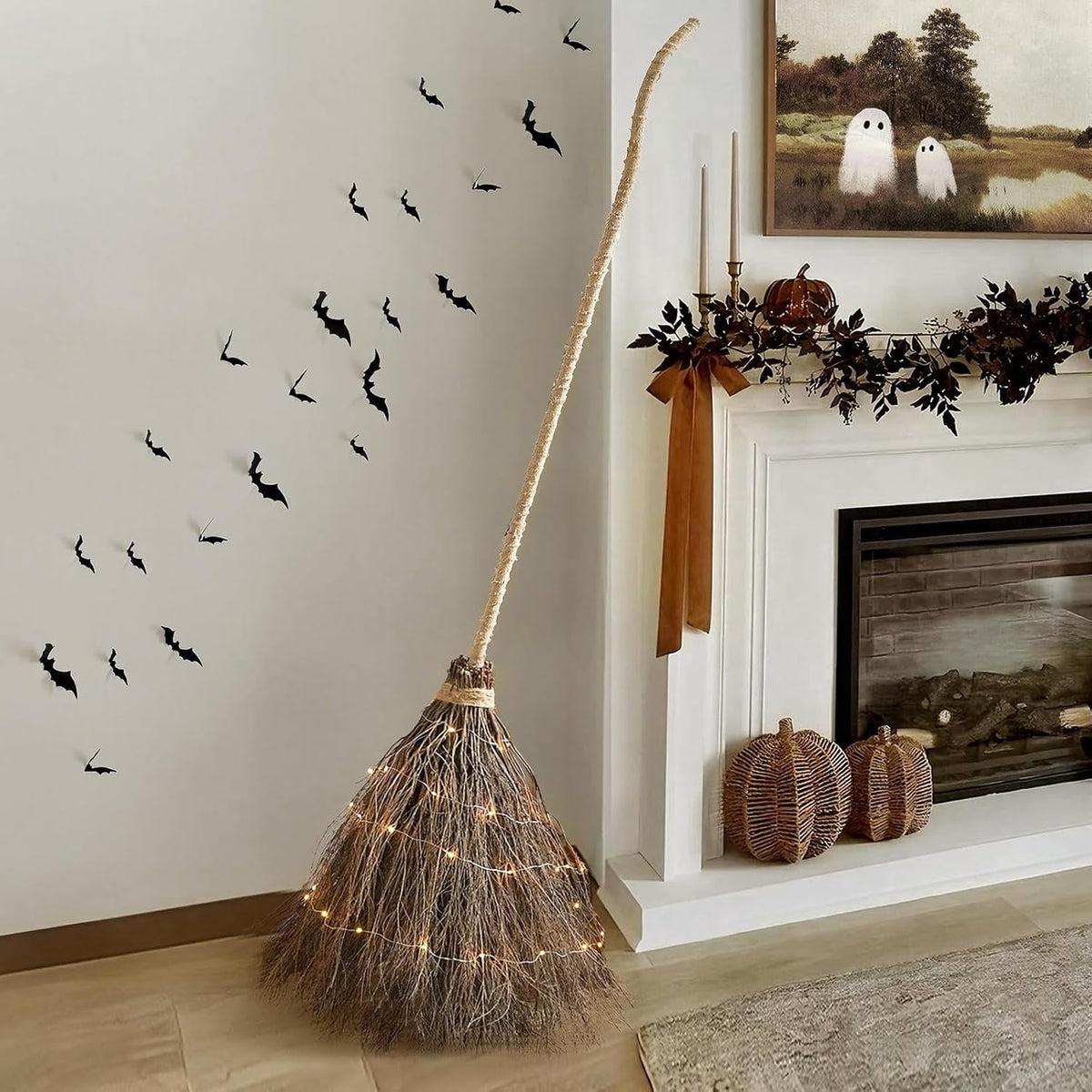 Halloween Witch Broom Cane with Ribbons, 38.2" Witches Broomstick for Wizard Costume Party, Photo Booth Accessory Stage Prop, Halloween Decoration, D