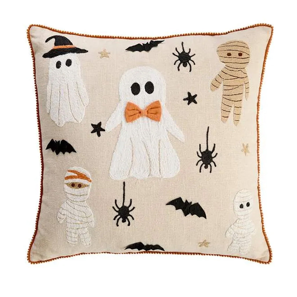 Yeciiwht Halloween Throw Pillow Cover – 18*18inch Embroidered Linen Cushion Case with Ghost, Mummy & Bat Designs, Invisible Zipper, Machine Washable