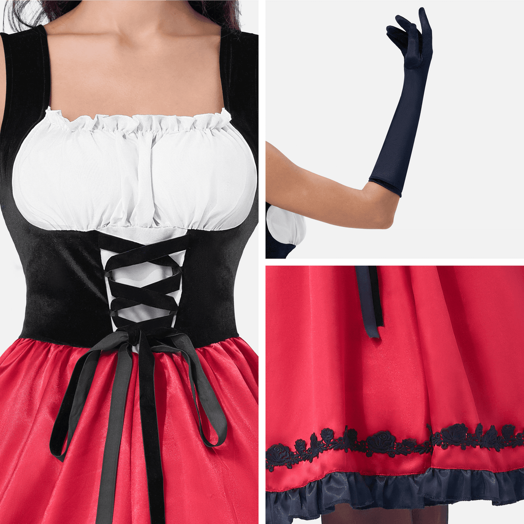 Joyfy Women Little Red Riding Hooded Costume with Dress, Cape and Gloves, Adult Women Halloween Costume for Halloween Party Cosplay