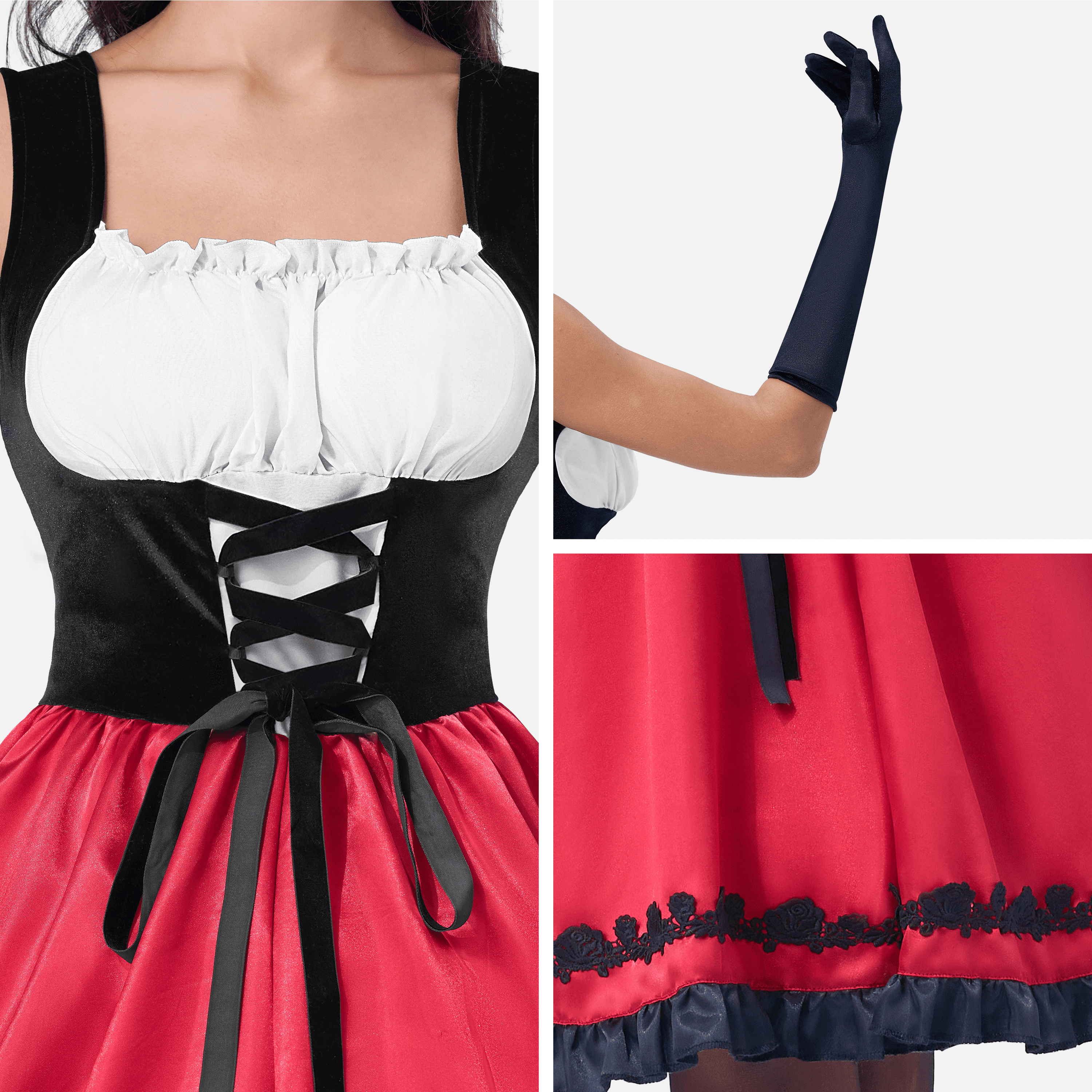 Joyfy Women Little Red Riding Hooded Costume with Dress, Cape and Gloves, Adult Women Halloween Costume for Halloween Party Cosplay