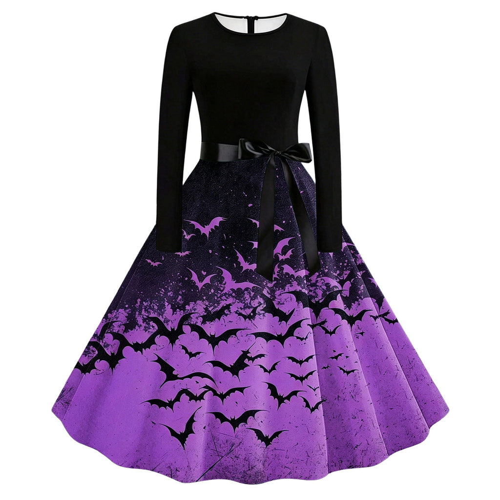 Women's Vintage Halloween Bat Print Swing Dress Long Sleeve 1950s Retro A-Line Midi Dresses with Satin Sash Belt for Gothic Cosplay Evening Prom Party
