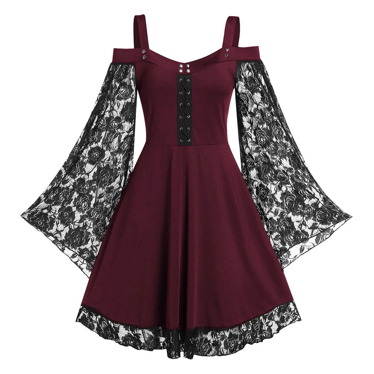 LYXSSBYX Halloween Costume for Women Cosplay Costumes Women Patchwork Skull Lace Splicing Long Sleeve Vintage Party Dark Gothic Dress