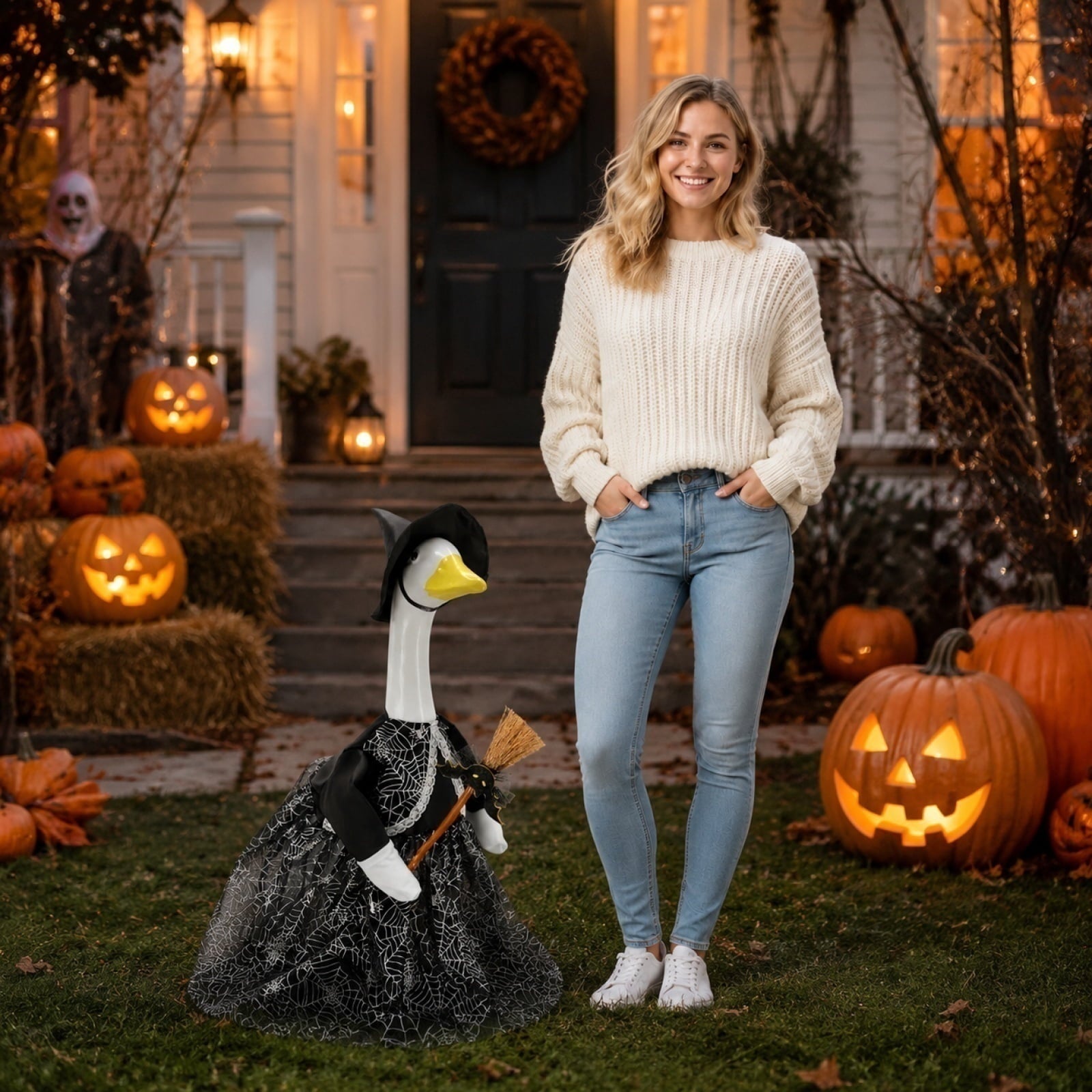 Bat Witch Hat Spiderweb Halloween Goose Clothes Fit 17/23In Cement Plastic Lawn Goose, Stylish Full Set for Outdoor Yard Patio Garden Seasonal Halloween Home Ornamental Arrangement