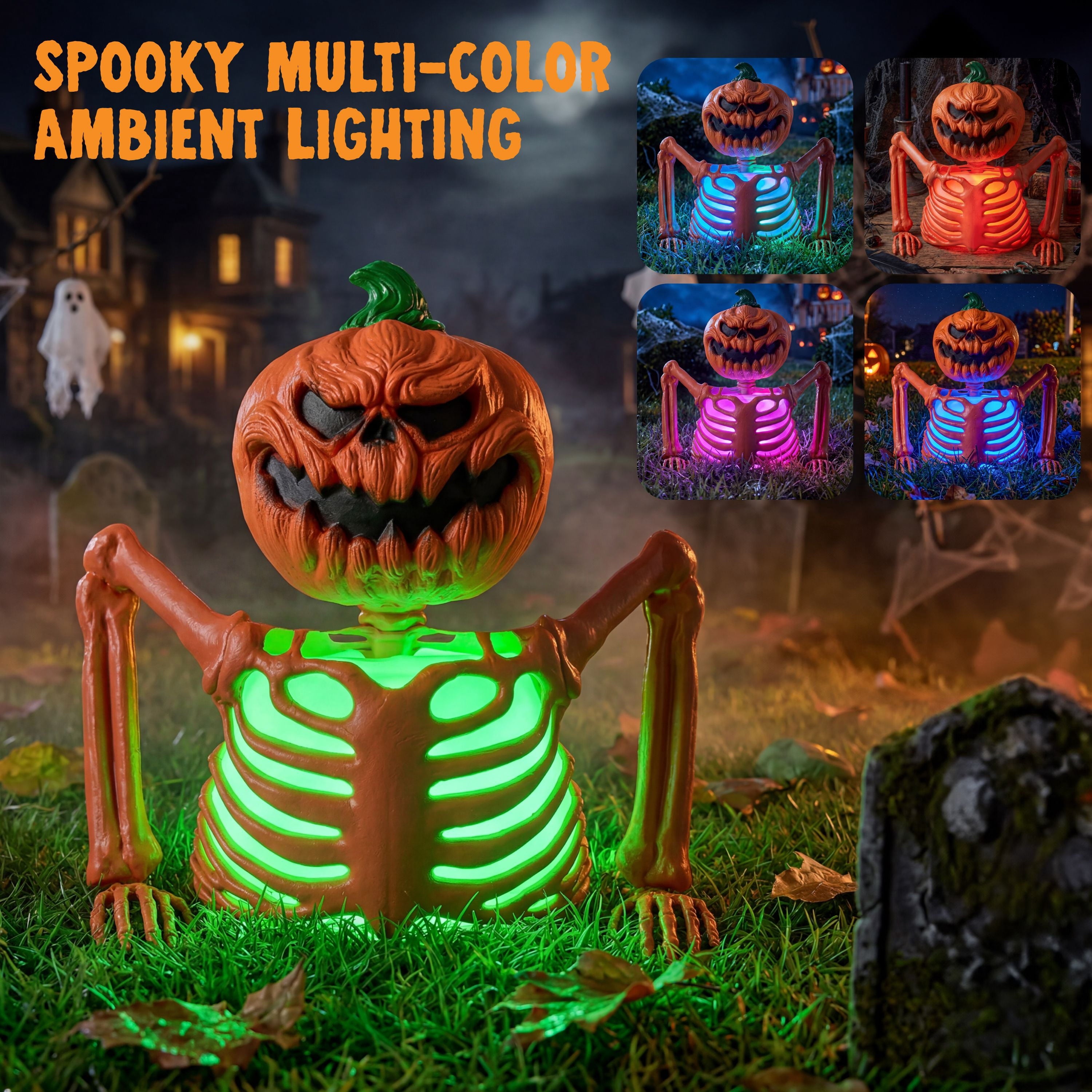 Joyfy Halloween LED Light Up Skeleton Pumpkin Table Decor,Multicolor Lighted Pumpkin Skeleton Ornament Indoor Outdoor Desk & Party Tabletop Decoration Supplies (10x8.6inch)