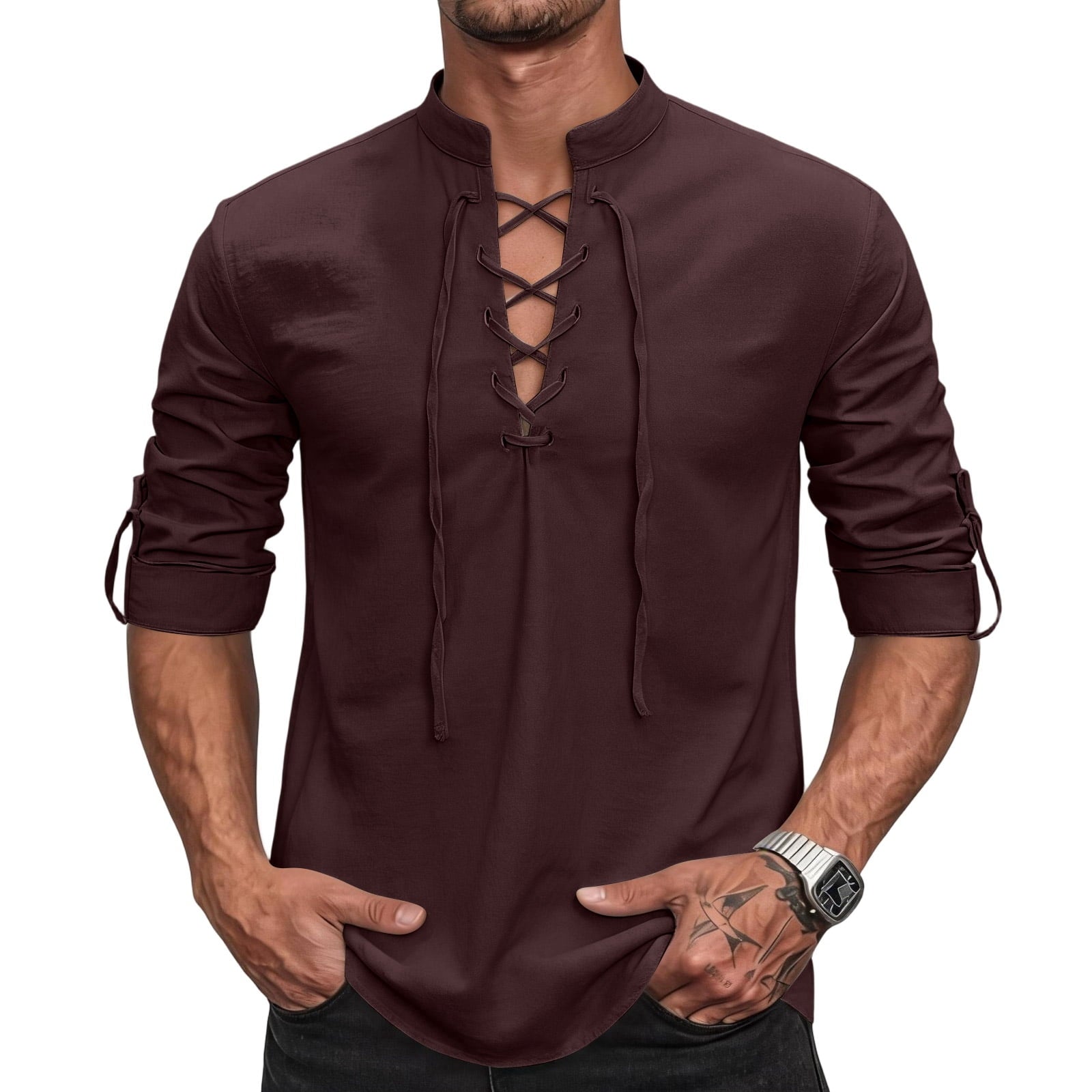 Mens Renaissance Shirt Medieval Pirate Viking Halloween Costume Gothic Steampunk Retro Long Sleeve Lace Up Shirts