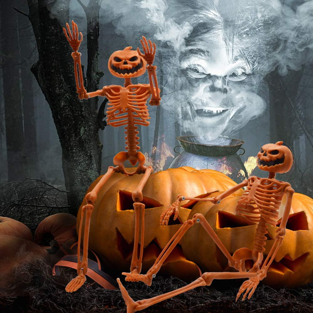 TETOU 2 Packs Halloween Skeletons, 14.9" Halloween Full Body Skeleton with Posable Joints for Haunted House Graveyard Props Decor