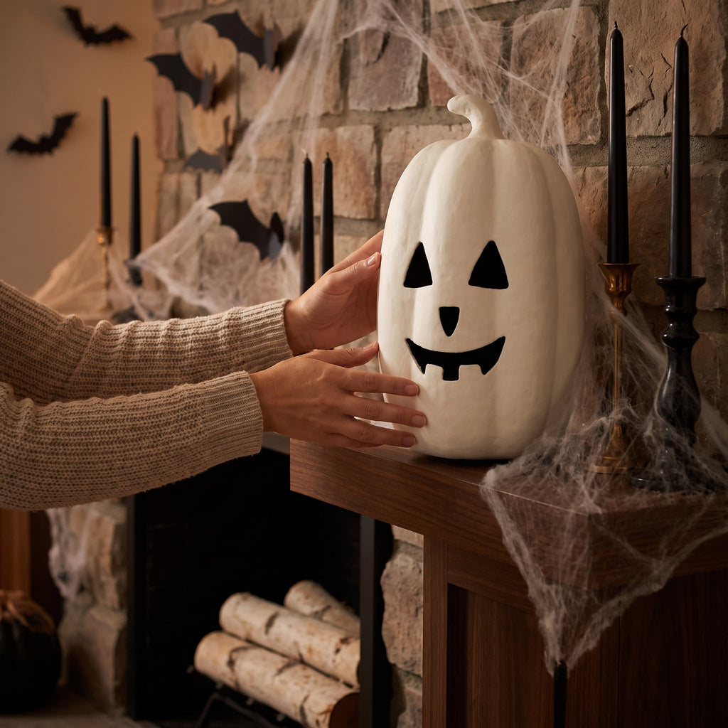 Paper Mache Jack-o'-Lantern Decoration, White, 12.5", Halloween by Way To Celebrate