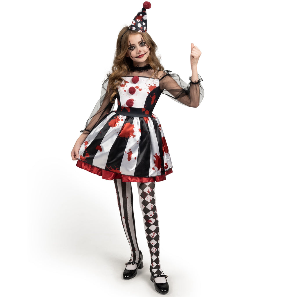 Joyfy Girls Clown Costume, Halloween Scary Clown Costume, Family Matching Bloody Jester Dress for Girls Halloween Dress up, Role Play, Cosplay Party