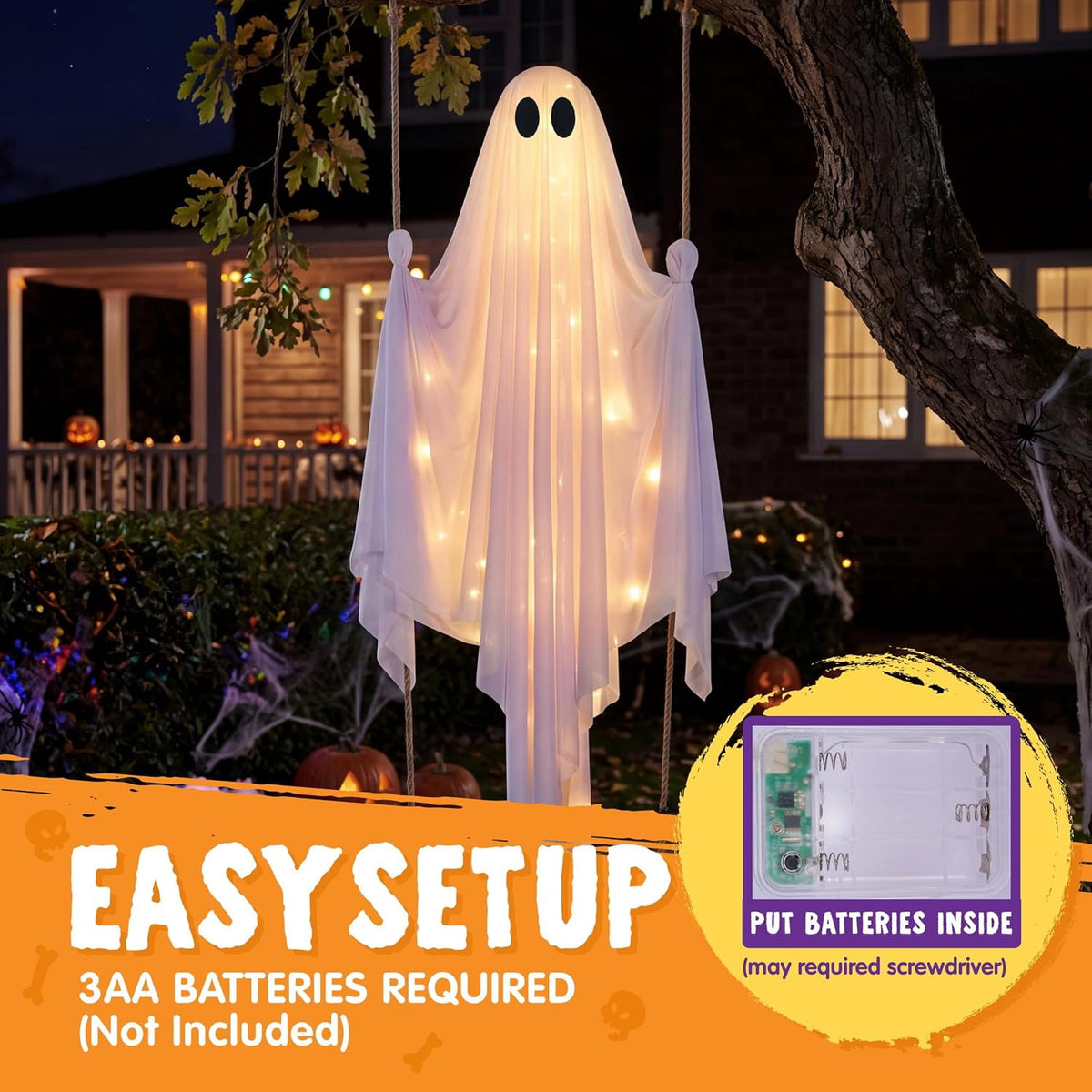 Joyfy 3 FT Halloween Hanging Swinging Skeleton,Light Up Creepy Grim Reaper with Black Hood Decorations for Halloween Hanging Decorations Indoor Outdoor Yard Home Decorations