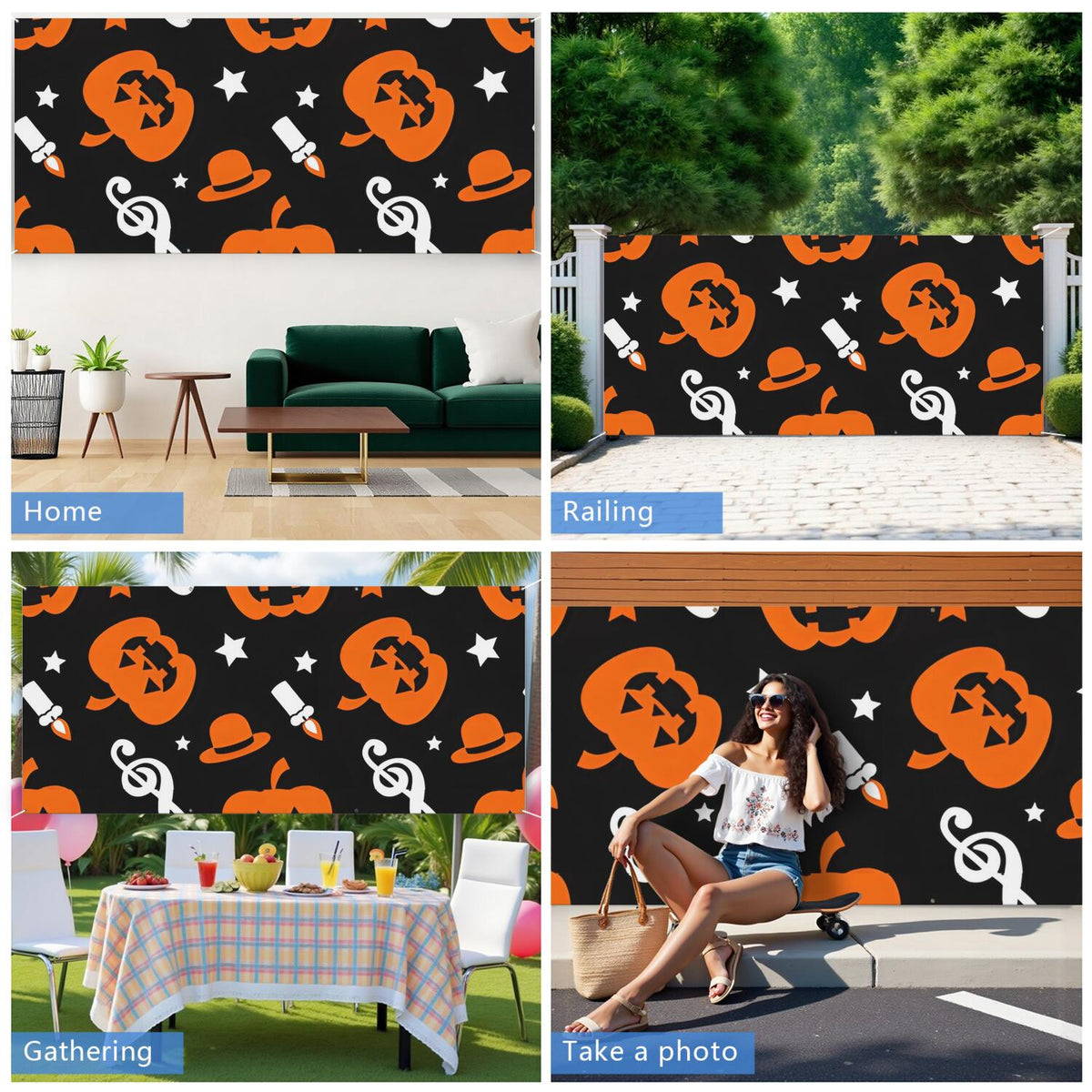 Halloween Garage Door Cover - 13x6ft Spooky Ghost Pumpkin Skull Witch Black Cat Polyester Backdrop for Outdoor Decor