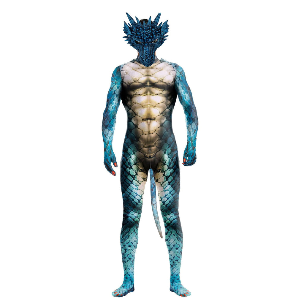 Men's Full Body Dragon Costume Bodysuit with Wings,Mask,Tail,Halloween Dragon Muscle Animal Catsuit Costume