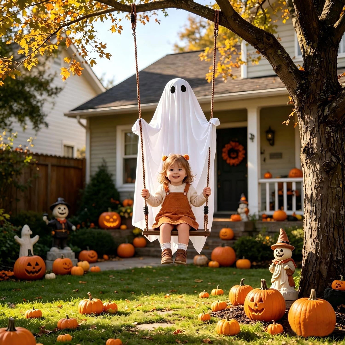 Clearance 5 FT Hanging Ghost Decor,Early Halloween Decorations Light-Up Flying Ghost on Broomstick with Witch Hat, Witch Broom, Spooky Cute Outdoor Halloween Decorations for Front Porch Yard Tree
