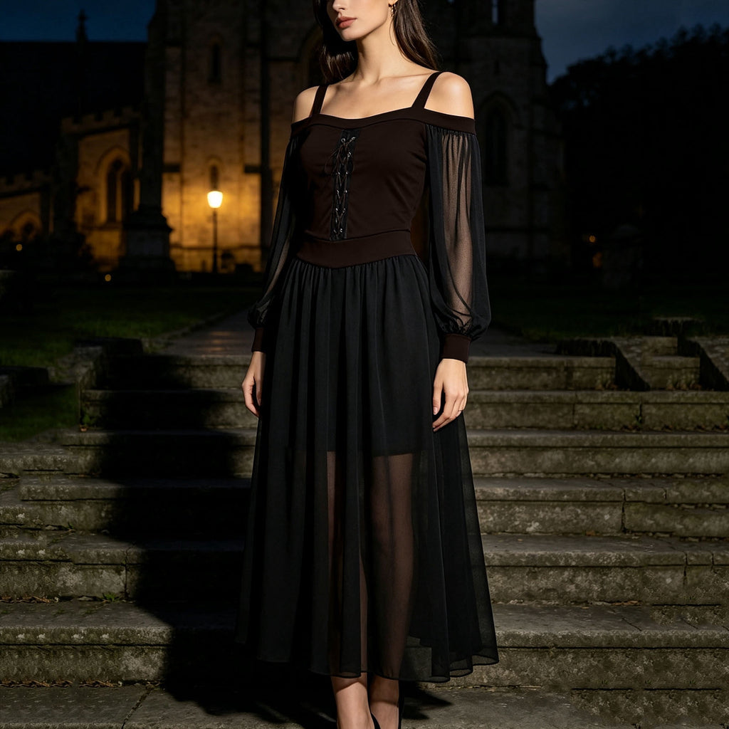 JOANKDMI Women's Gothic Midi Dress Elegant Vampire Costume Cold Shoulder Sheer Long Sleeve Lace-up Corset for Roleplay Halloween Party Outfit Chic, S-3XL