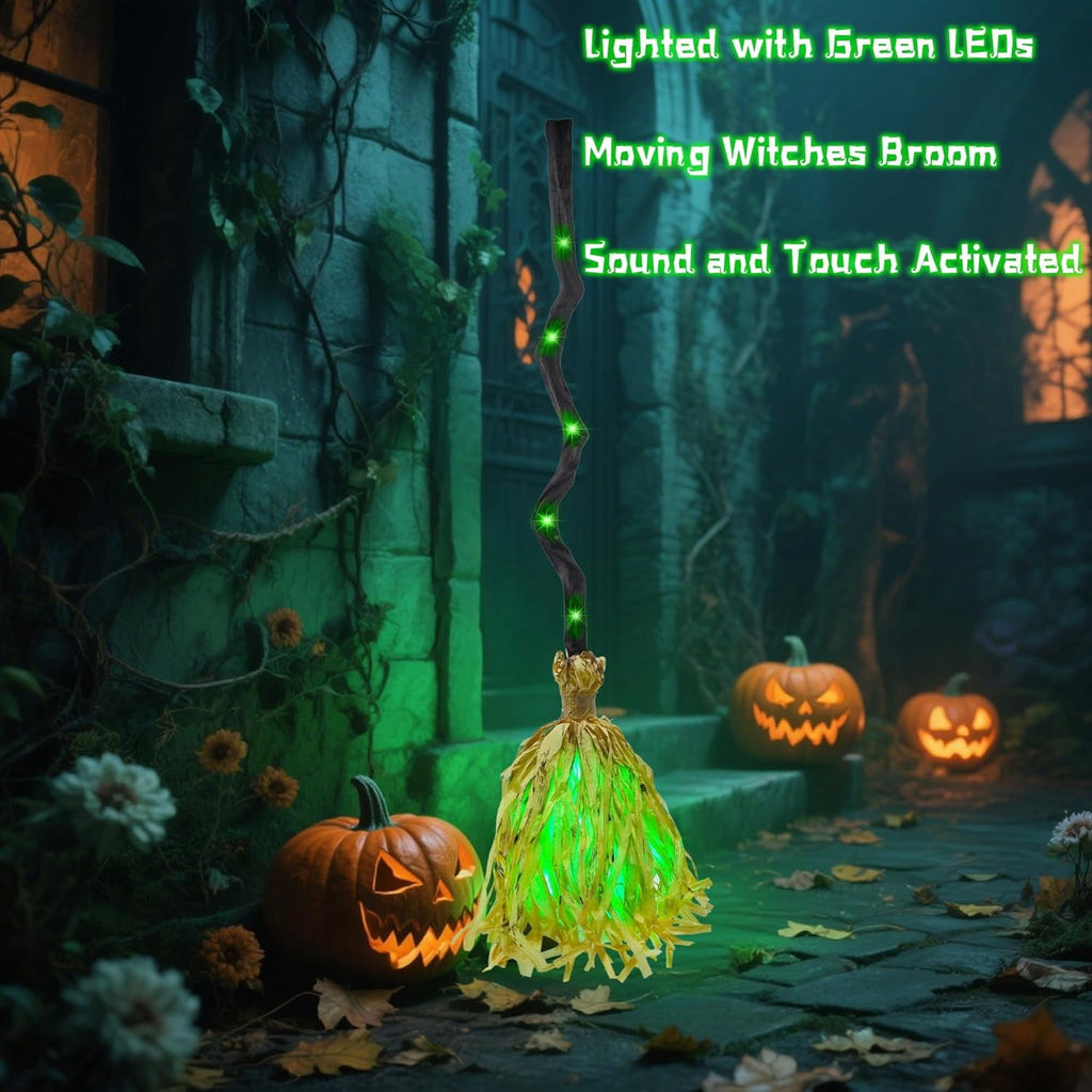 Anmrize 35" Animated Witches Broom Halloween Decor Magic Witch Broomstick | Moving, Sound/Touch Activated, Light up, Spooky Sounds, Dancing, for Indoor & Outdoor Porch, Halloween Party Decorations