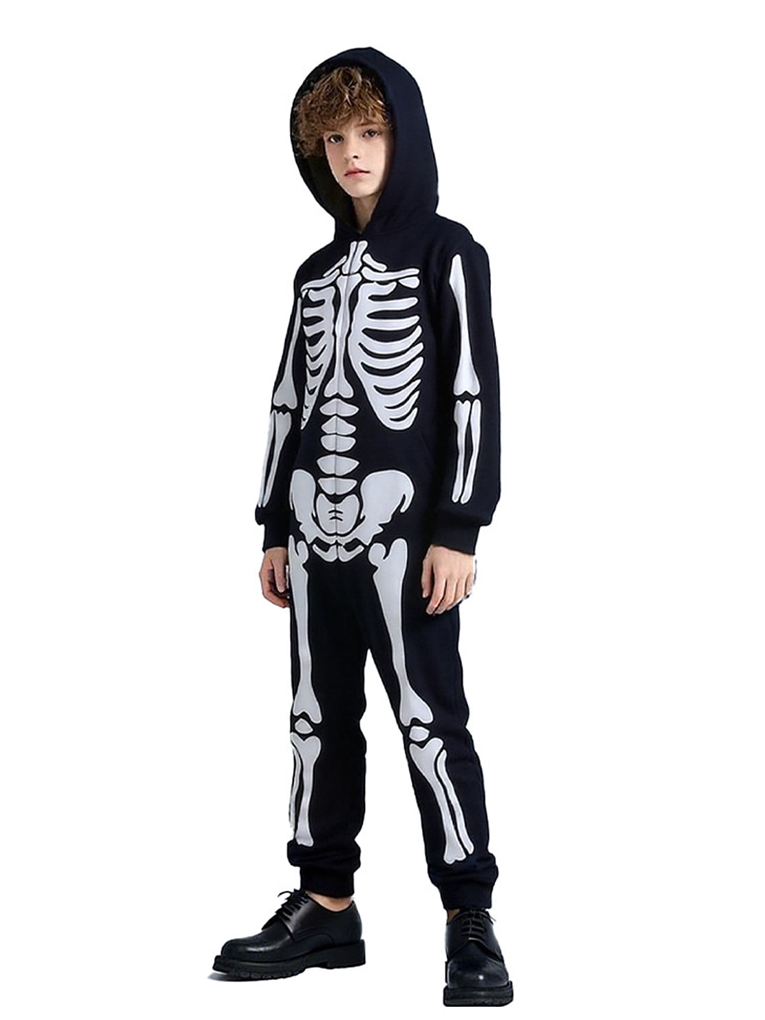 WIBACKER Glow-in-the-Dark Skeleton Costume for Boys and Girls, Halloween Fancy-Dress Jumpsuit Outfit for Children Aged 3-10 Years