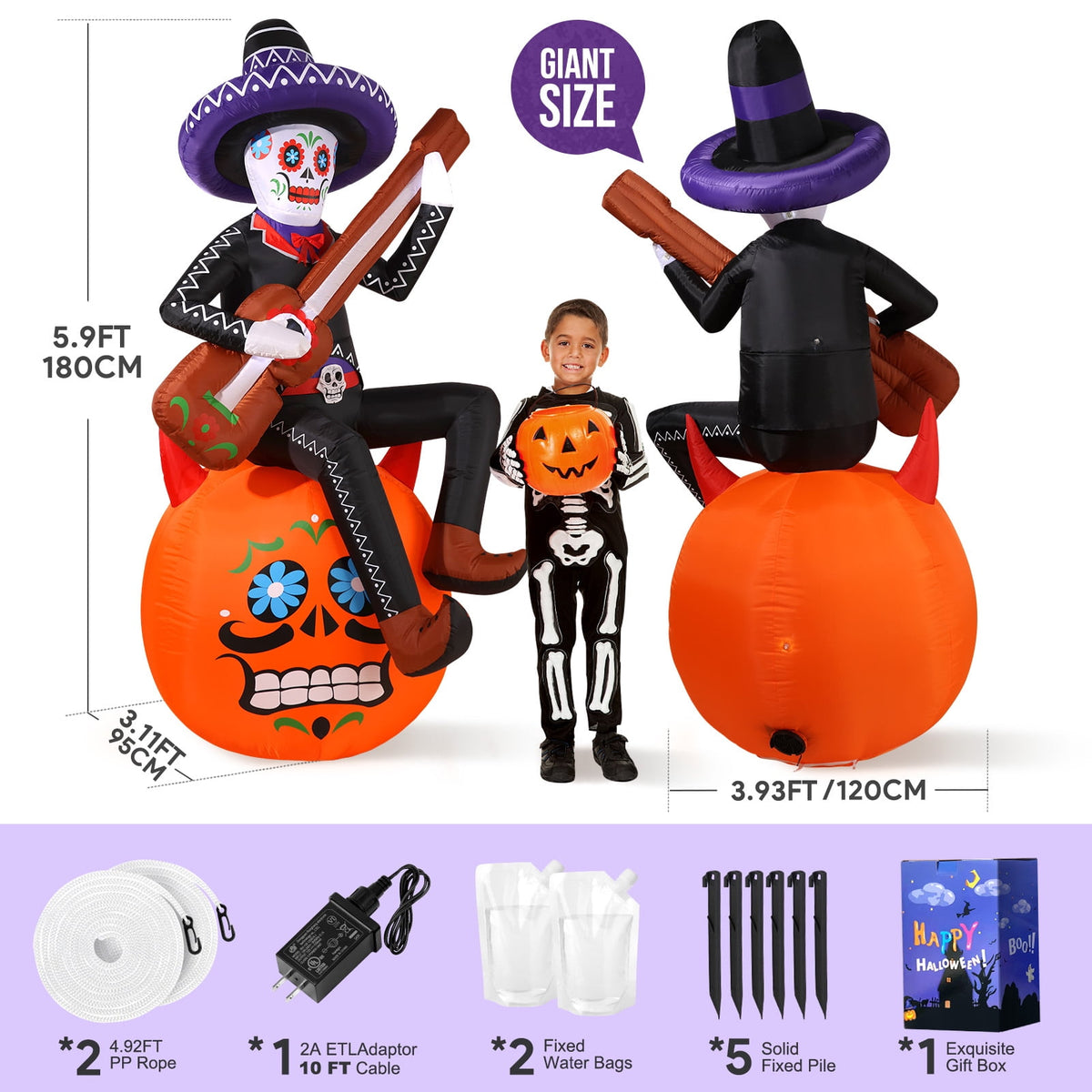 Ayieyill 6FT Halloween Inflatable Outdoor Decoration, Day of the Dead Skull with Guitar, Blow Up Yard Decor