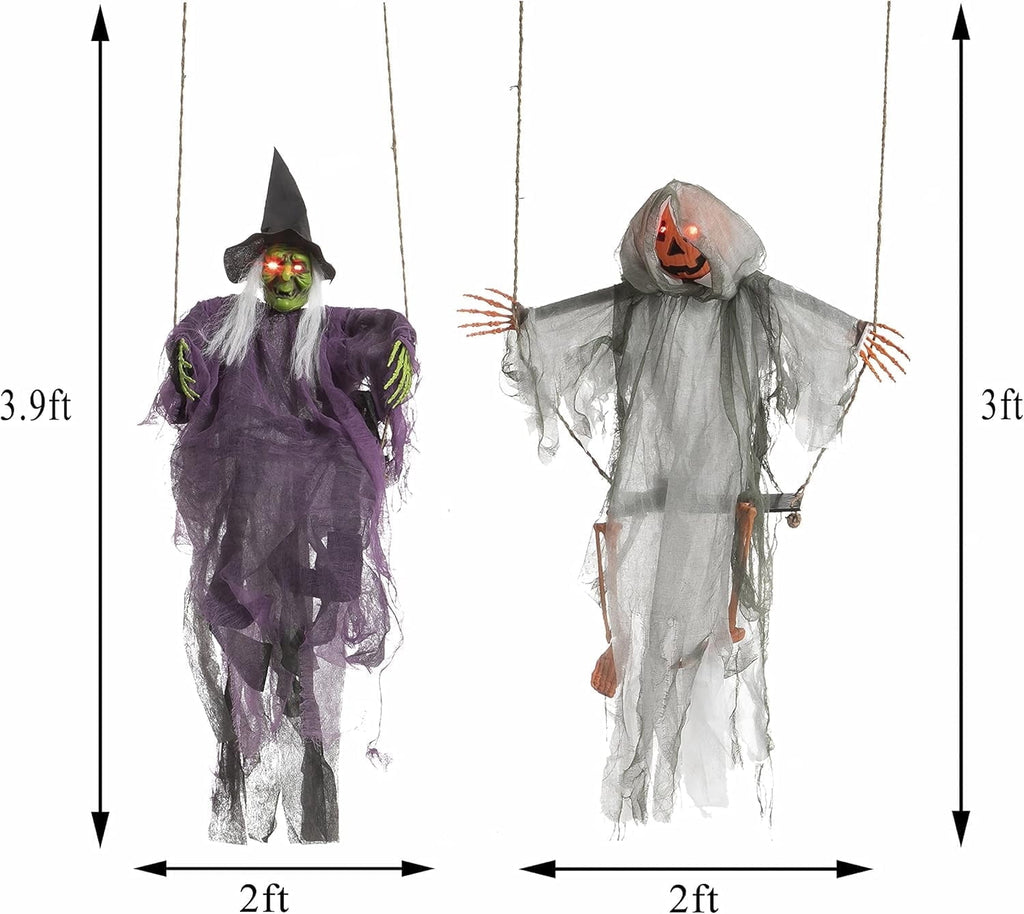 Joyfy 2 Packs Halloween Decorations Outdoor Hanging Swinging Skeleton Ghosts,3 ft Light Up Creepy Grim Reaper Decorations for Halloween Hanging Decorations Indoor Outdoor Yard