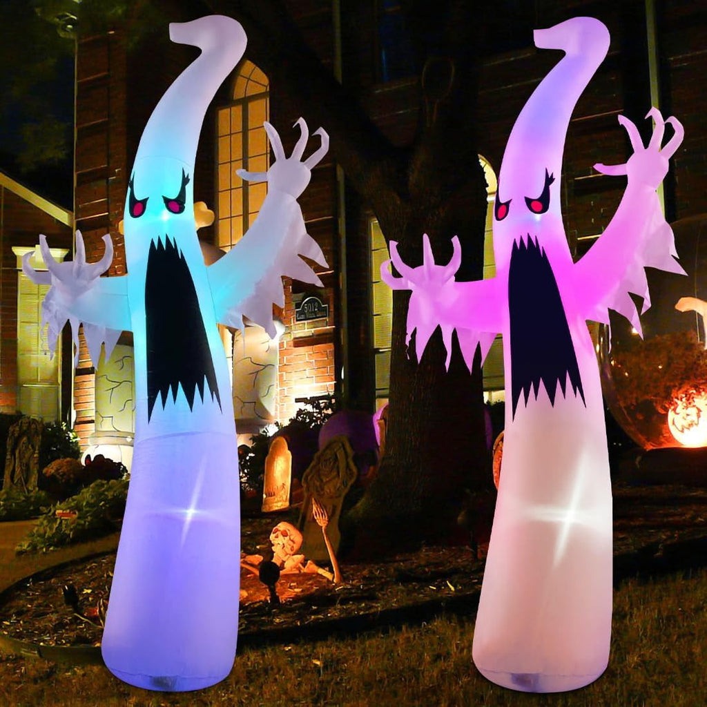 GOOSH 12 FT Height Halloween Inflatable Outdoor Colorful Dimming Ghost, Blow Up Yard Decoration Clearance with LED Lights Built-in for Holiday/Party/Yard/Garden