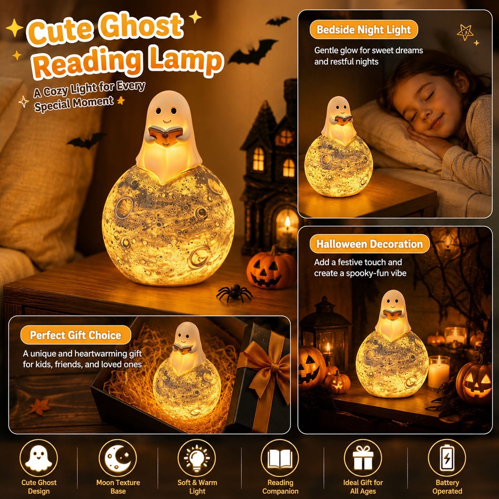 YZEGDCH Halloween 3D Ghost Campfire Flickering Night Light 2 Funny Roasting Marshmallows at Campfire LED Electric Faux Flameless Campfire Nightlight Funny Halloween Decor