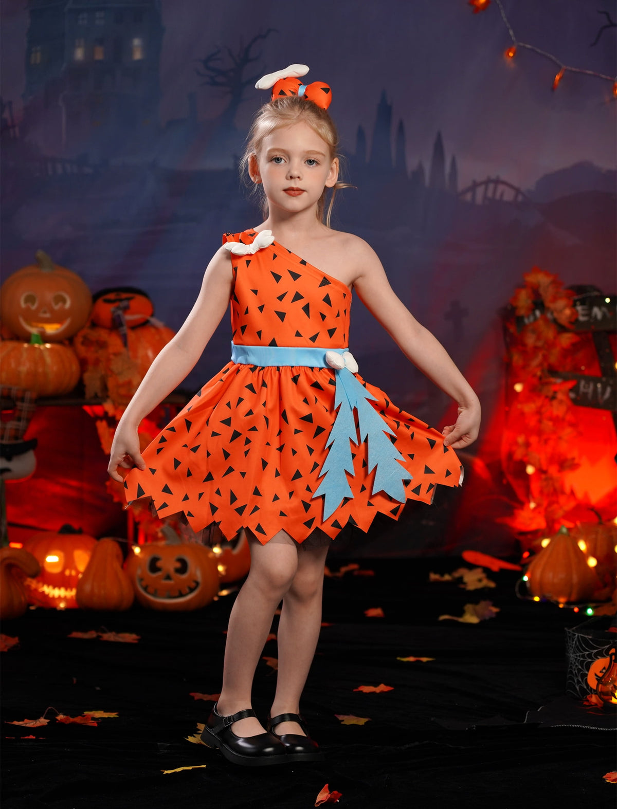 Kids Baby Bam Bam Costume Flintstone Costume Caveman Cavegirl Historical Stone Age Themed Birthday Outfit for Girls Boys Halloween Cosplay Dress Up Photo Shoot 2-3 Years Girl - Orange