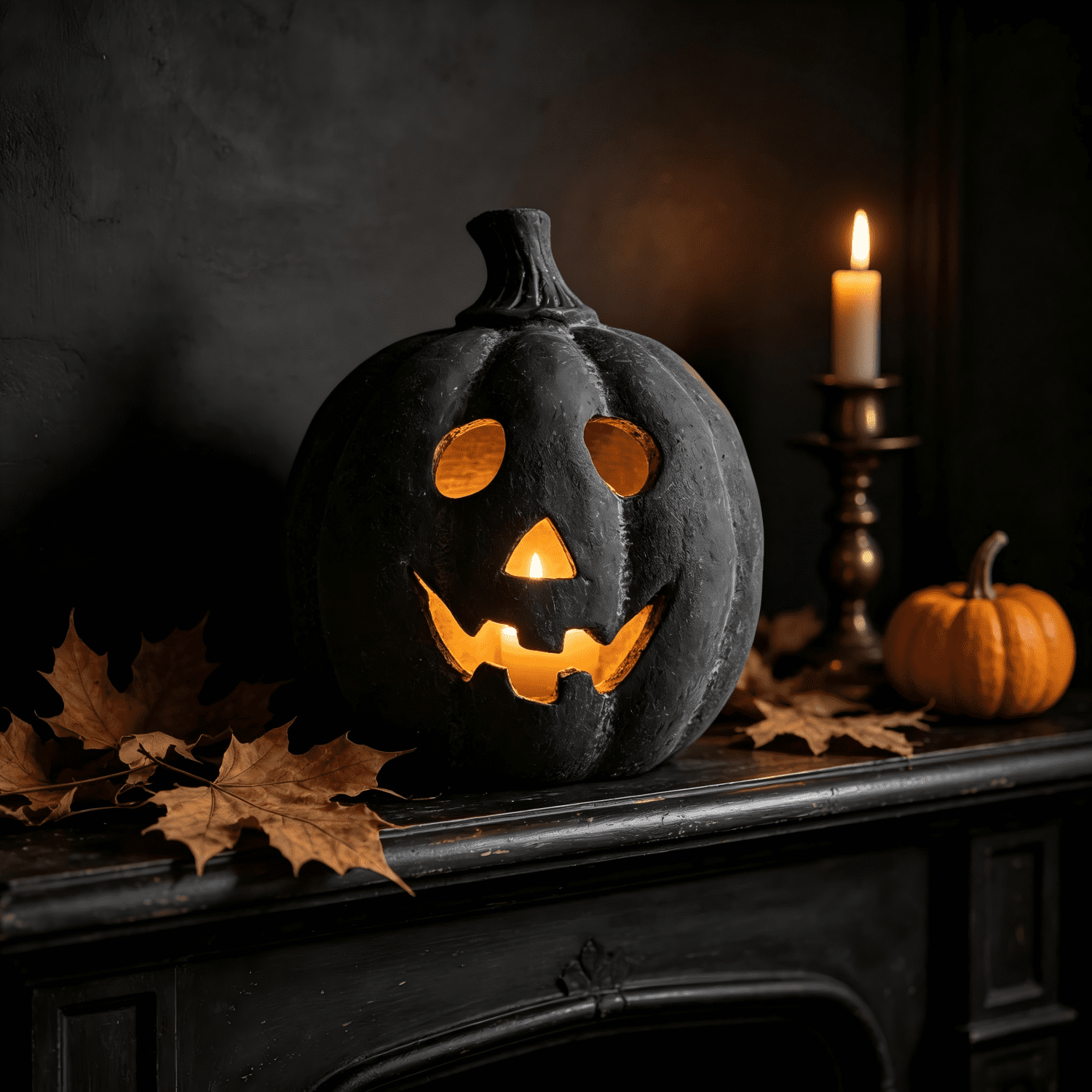 Halloween Decorations - 9.8" Black Handmade Resin Jack O Lantern Pumpkin Fall Decor, Indoor Outside Gothic Festival House Centerpiece Decoration for Table Garden Living Room Mantel