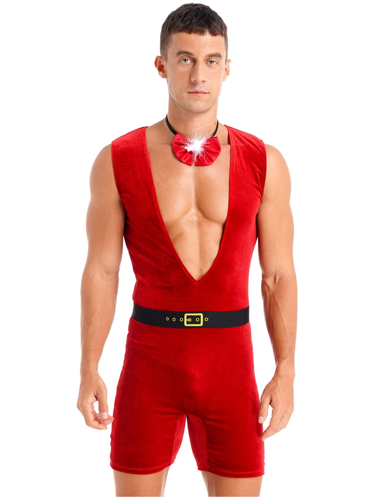 TiaoBug Men Christmas Santa Claus Cosplay Costume Boxers Leotard Bodysuit with Hat Xmas Party Outfits B Red XL