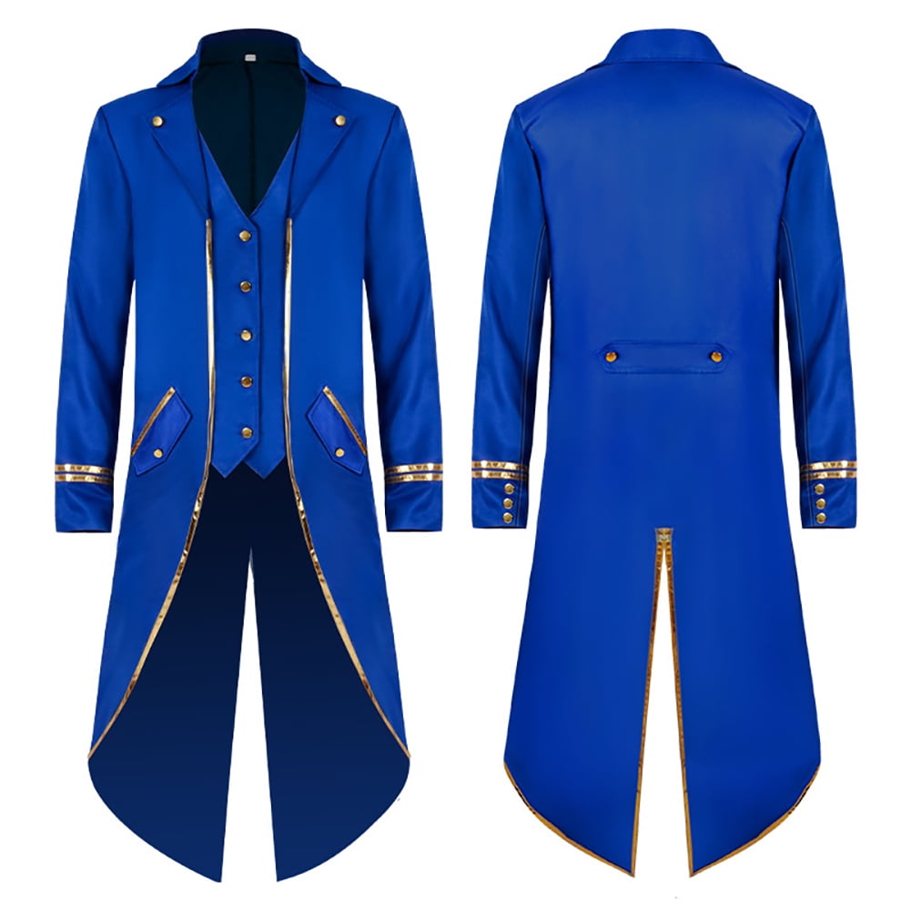 IBTOM CASTLE Men's Steampunk Vintage Tailcoat Jacket Gothic Medieval Victorian Frock Button Down Swallow Coat Uniform L Blue & Gold