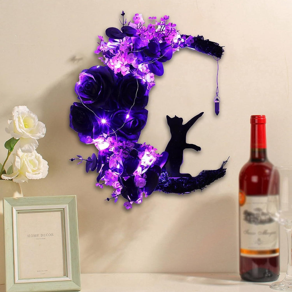Wiher Halloween Wreaths with Lights for Front Door, 13.77" Halloween Moon Wreath with Black Cat Wood Wreath Halloween Wreath Horror Decorations for Home Party Window Wall Indoor Outdoor C