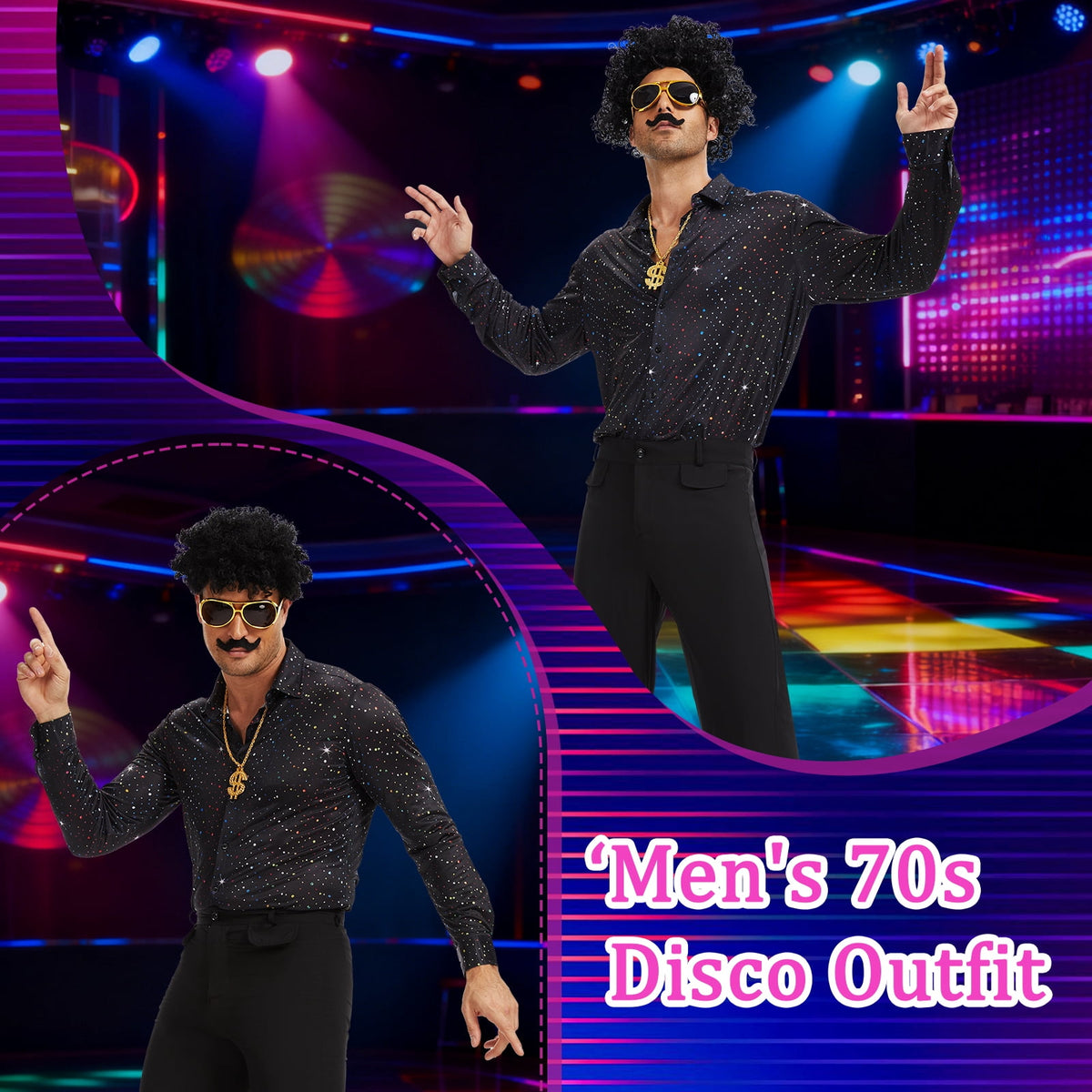 MYATED 70s Disco Costume for Men 6 Pcs Dance Bell Bottom Pants Retro Shirts Wigs Sunglasses Necklace Shirts for Disco Party (Black,L)