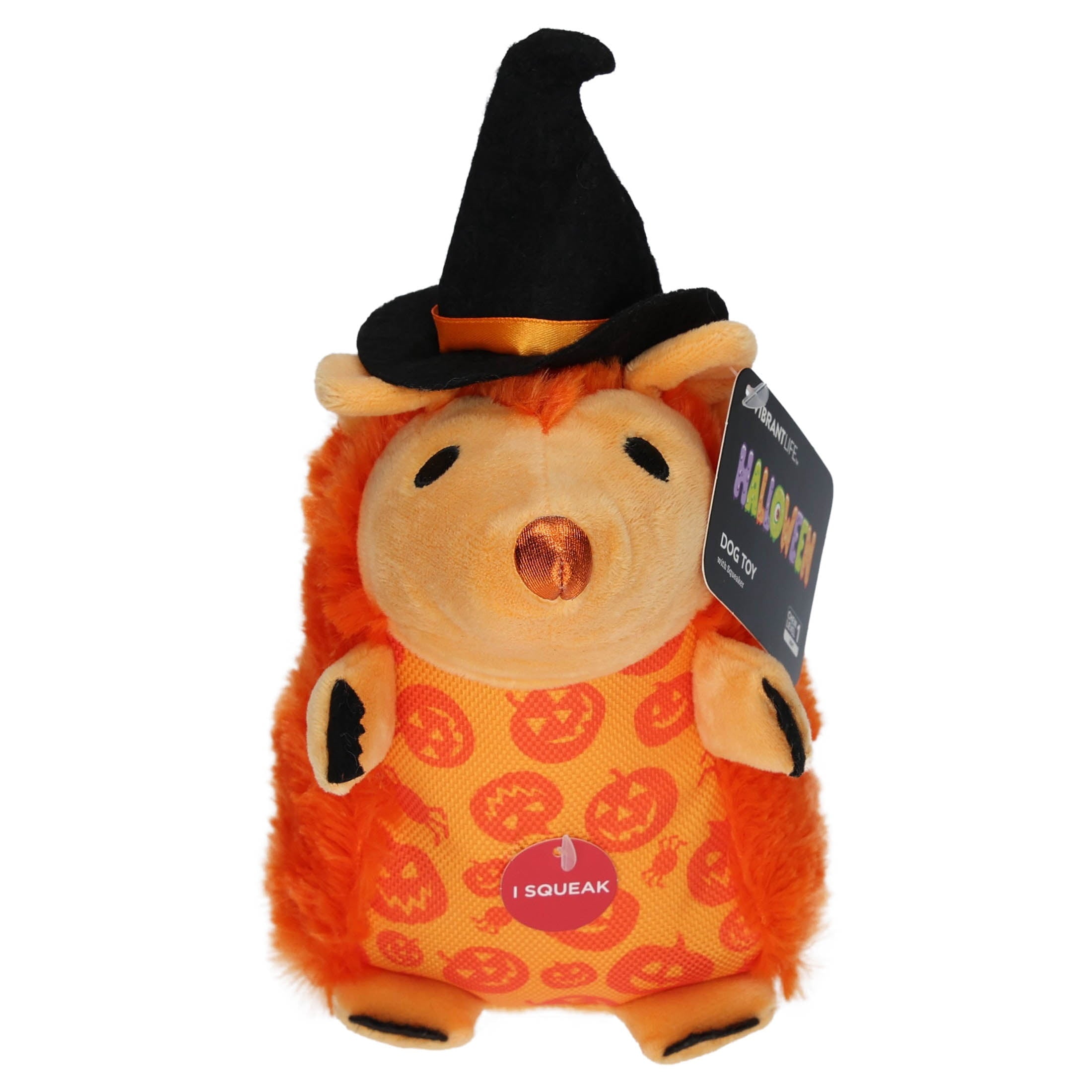 Vibrant Life Halloween Witch Hedgehog Plush Dog Toy with Squeaker, Orange, Chew Level 1