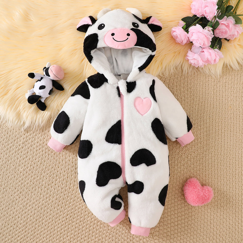 RUINIXCW Baby Cow Costume Infant Halloween Animal Costume Baby Boy Girl Warm Fall Winter Outfit Fleece Jumpsuit Snowsuit Baby Photoshoot Outfits Long Sleeve Zip Up Hooded Romper